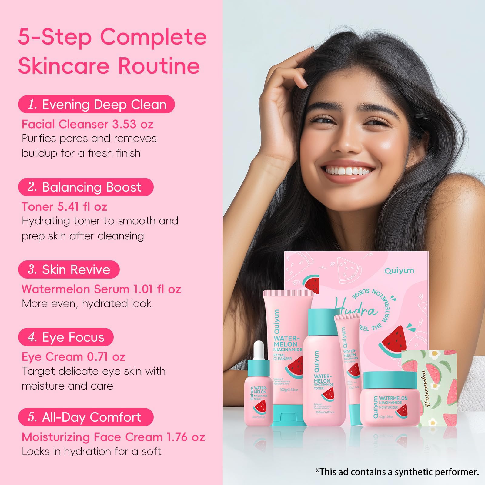 QUIYUM Coffret Soins Visage Pastèque et Niacinamide, Coffret Cadeau pour Adolescents et Femmes, Skincare Routine Hydratant Glow Up, Nettoyant, Tonique, Crème Contour des Yeux, Crème et Sérum