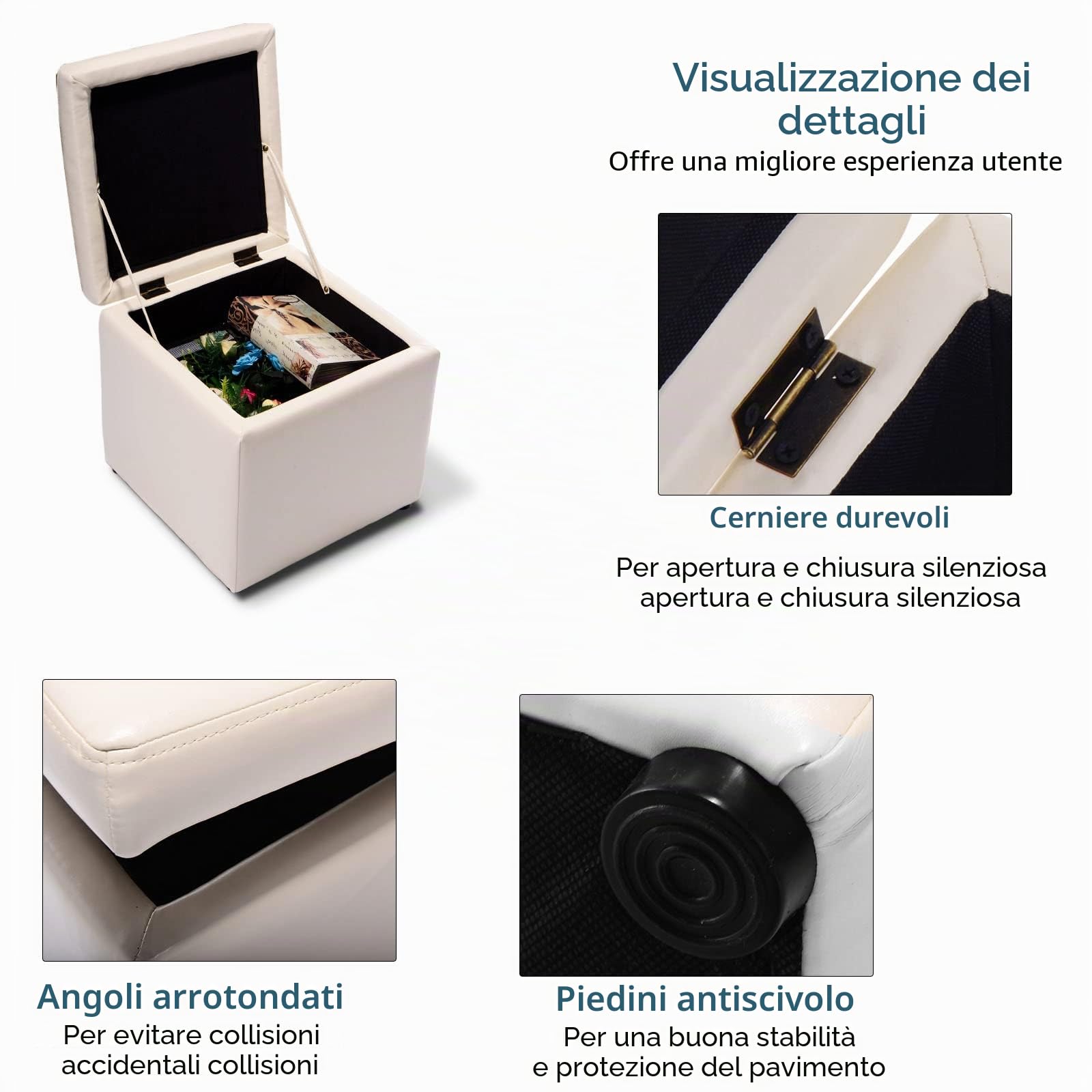 LIFEZEAL Pouf Cubo, Contenitore, Pioggiepiedi, Ottoma in PU, Sedile Imbottito, Telaio in Legno, Già Montato, per Soggiorno, Camera da Letto e Cameratta, Peso Max 300 kg, 40x40x40 cm (bianco)