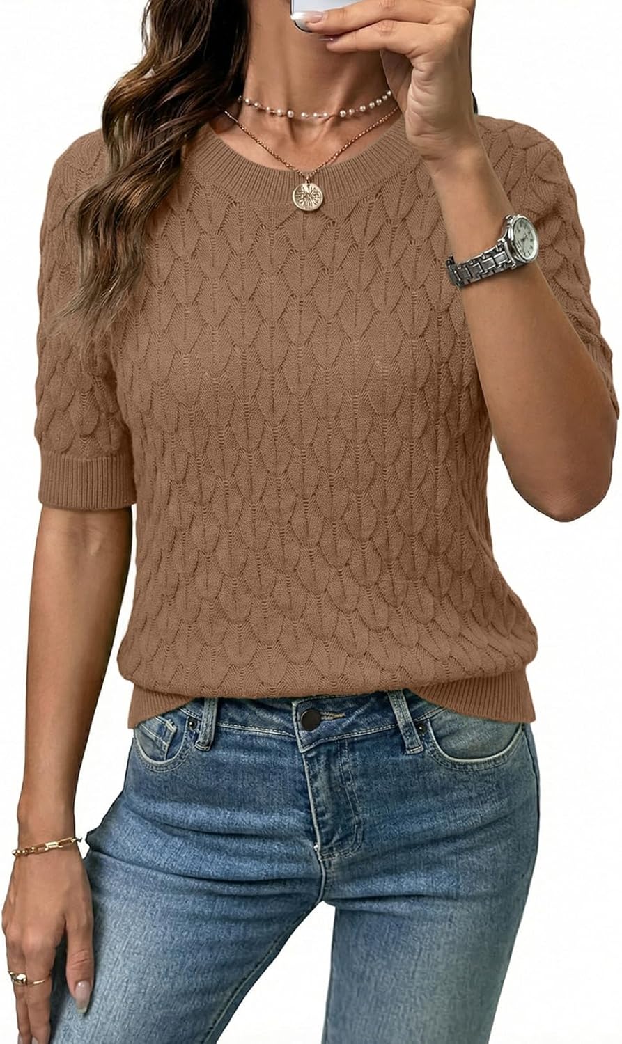 Dokotoo Womens Summer Tops Round Neck Short Sleeve Sweater for Women 2026 Lightweight Sweaters Casual Blouses