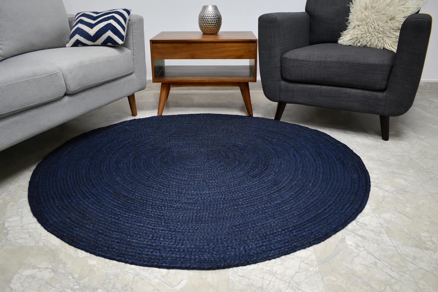 Tapis rond en jute pour salon et salle à manger tressé à la main bleu