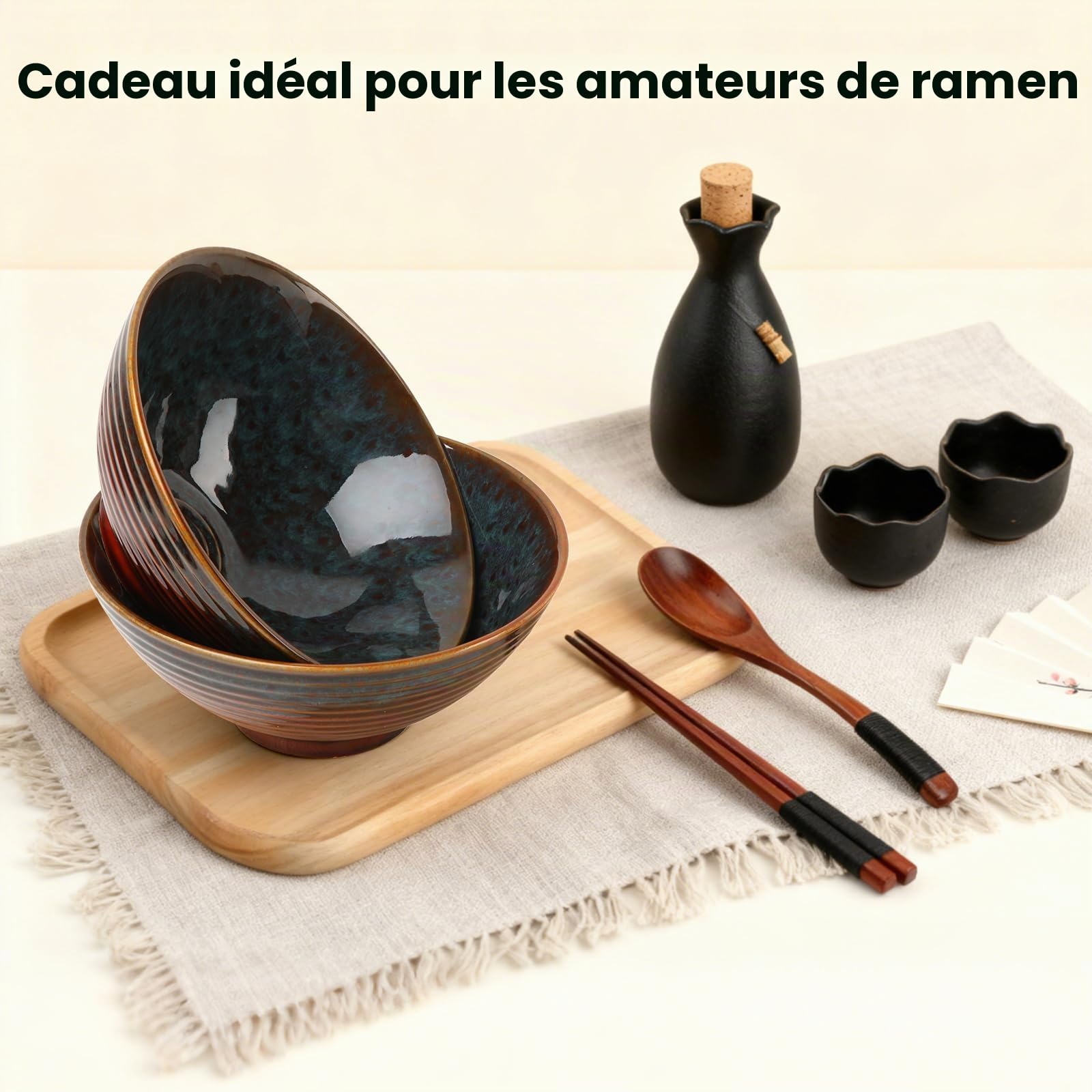 GEEKHOM Ramen Lot de 2 bols à ramen japonais en céramique de 1200 ml avec baguettes et cuillères en bois – Grand, micro-ondes et lave-vaisselle pour pâtes, soupe, pho, salade