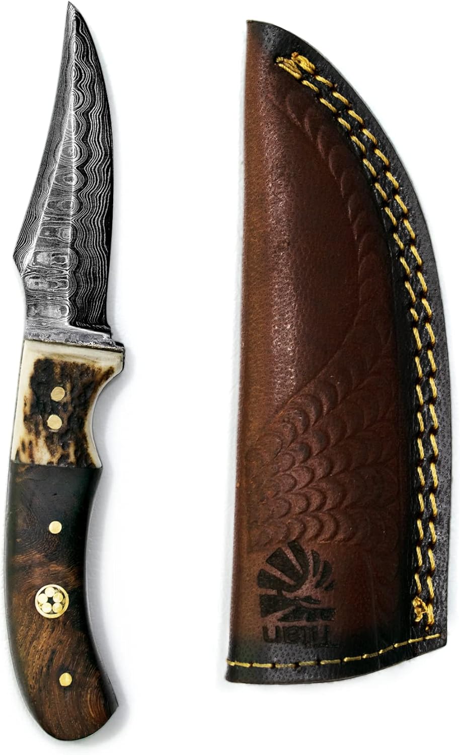 Titan International Knives 8.2" Skinner | Real Damascus Steel Fixed Blade Knife | Stag Horn Bone Handle | Hand-Forged 1095 & 15N20 Steel with Sheath | Deer Skinning Knife & Outdoor Use
