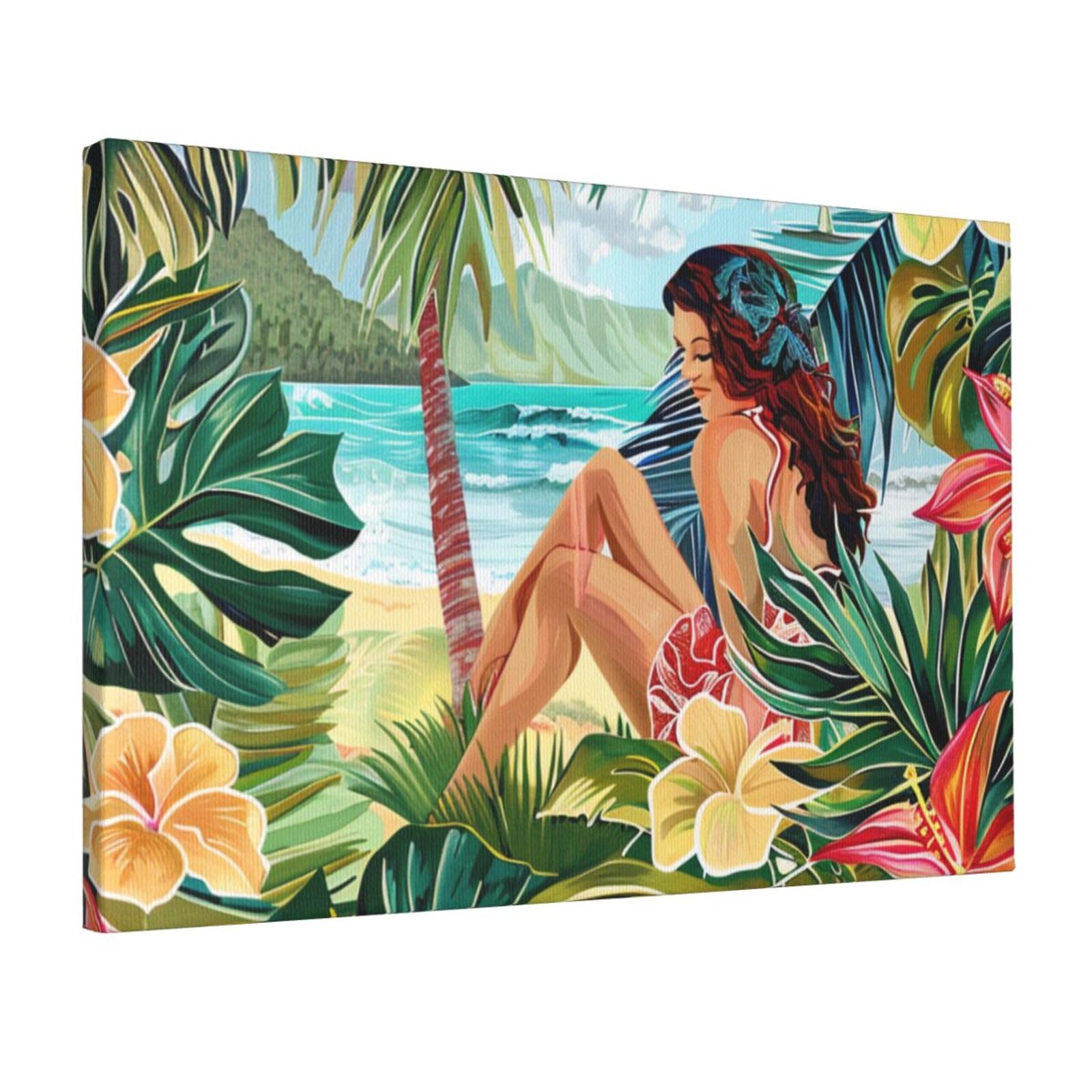 YKLJG summer hawaiian art Printed Wall Art Canvas Prints 45x30 CM Wooden Framed Picture Painting Artwork for Bedroom Kitchen Home Office Decor