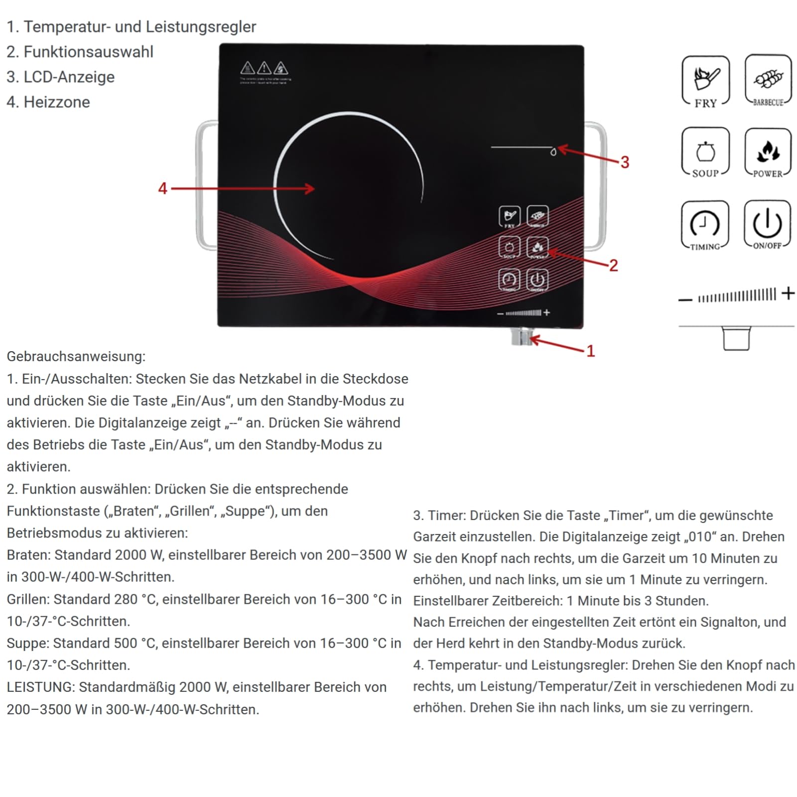 Ce/rankochfeld 3500W Ce/ranfeld Tragbares 41cm 29cm Touch Steuerung Kochfelder 4 Modi 9 Stufen Leistung 1 Minute 3 Stunden 1 Platte Timer Funktion Herdplatte 1 Kochfeld