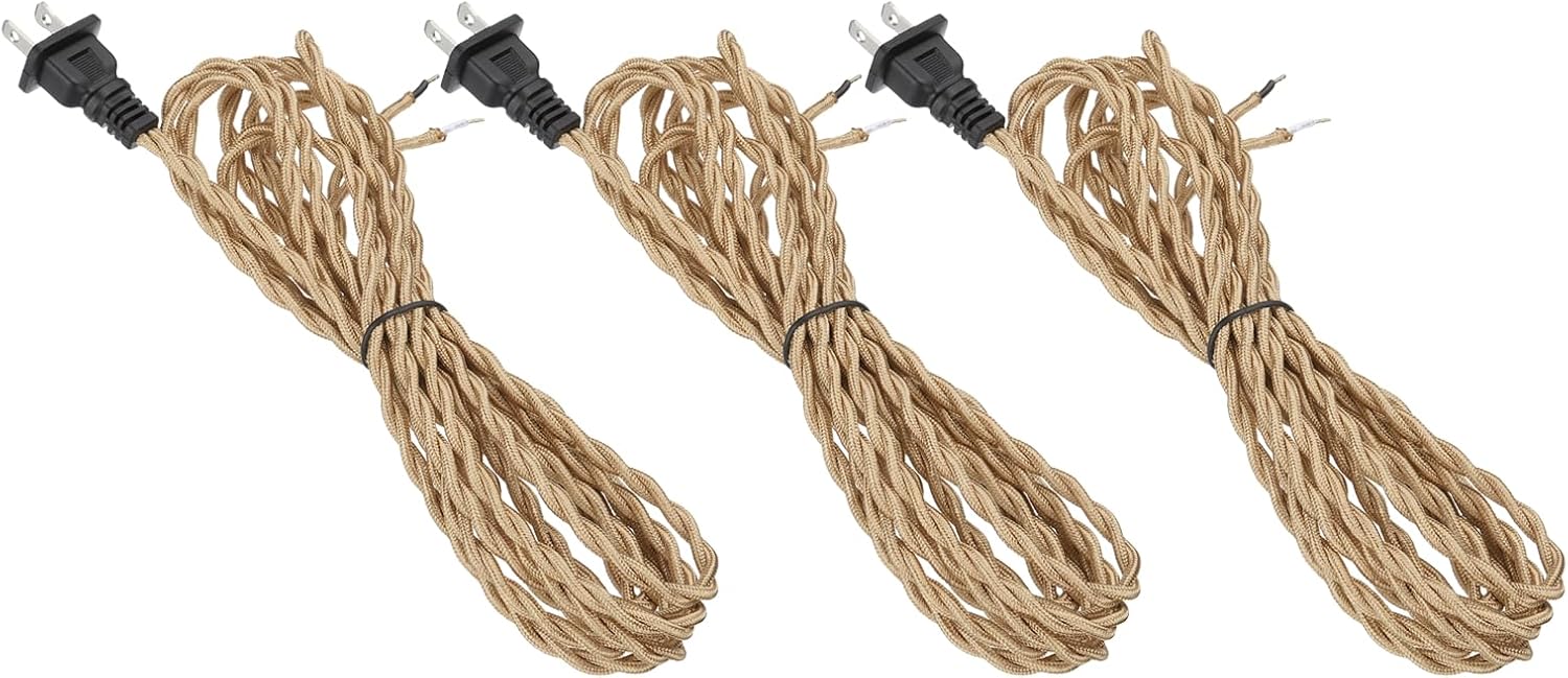 uxcell 3 Pcs 12Ft 18/2 Twisted Cloth Covered Lamp Cord, Vintage Fabric Electrical Wire with Plug Stripped Ends Ready for Extension Wiring DIY Repairing, Light Gold