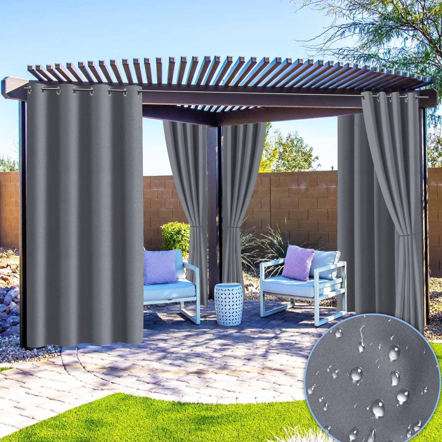 Fiqops Garden Outdoor Vorhang Wetterfest, Outdoorvorhänge mit Ösen(1.6 inch), Vorhang Sichtschutz Sonnenschutz für Terrasse, Balkon, Pavillon, Vorhang 213x254CM (HöhexBreite) Grau,2 Stück