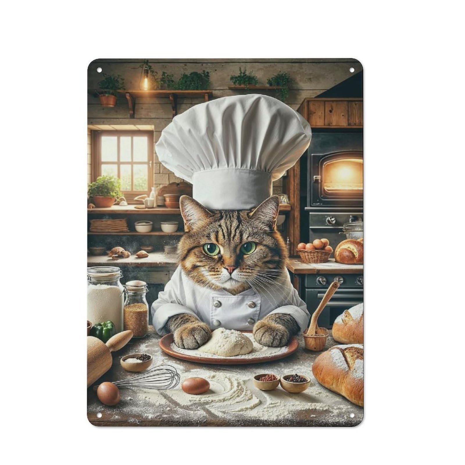 Junmoney Chef Cat Bakes Bread Retro Metal Sign 40X30cm For Living Room Or Hallway, For Updating Living Room And Hallway After Moving