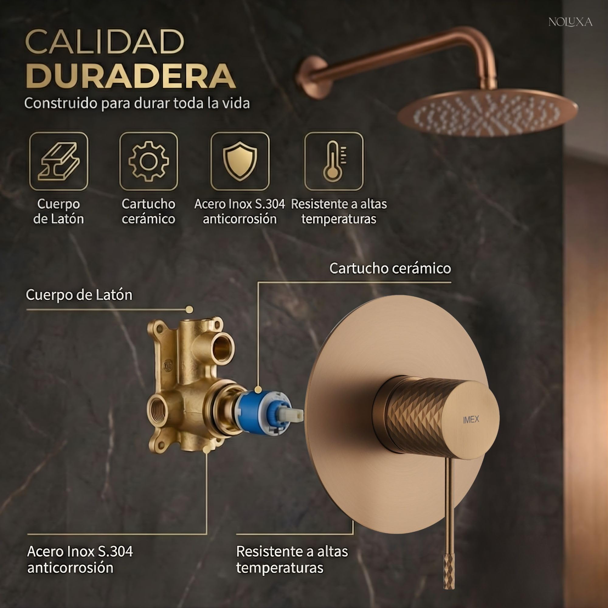 IMEX - Ducha Empotrada Oro Rosa Monomando | Conjunto de Grifería Empotrado con Rociador Antical Efecto Lluvia Cobre | Columna Ducha Empotrada con Grifo en Latón y Acero Inox S.304 (SIN ALCACHOFA)