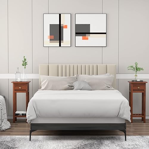 Miniatura 9 de GORELAX Mesa auxiliar estrecha, mesita de noche alta con cajón y estante, mesita de noche pequeña con dispositivo antivuelco, sin montaje, mesa