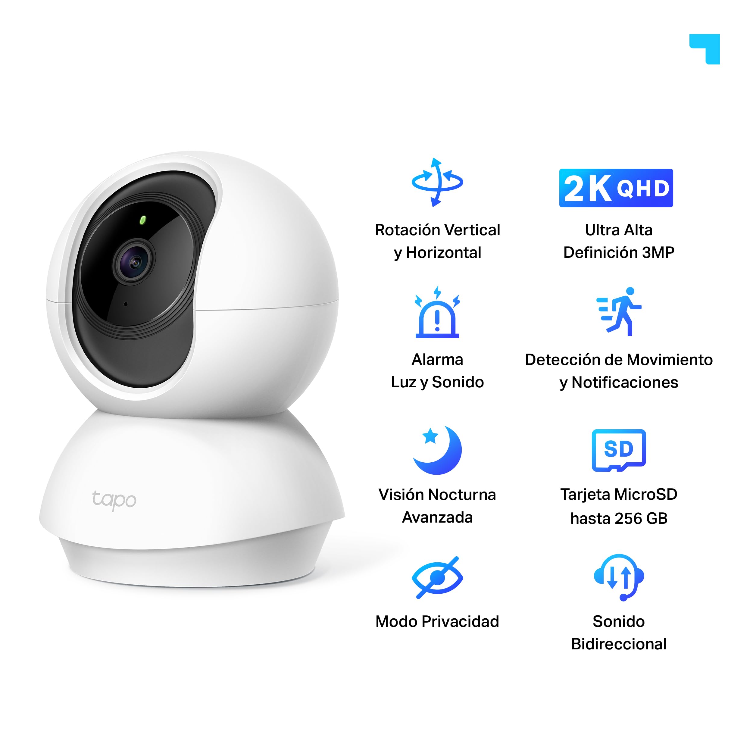 Tapo C210P2 - Cámara de Vigilancia WiFi Interior 360º, 2K 3MP, Detección IA | Detección Movimiento, Personas y Llanto de Bebé. Visión Nocturna. Alarma Luz y Sonido. Almacenamiento Local o Nube. App Tapo.