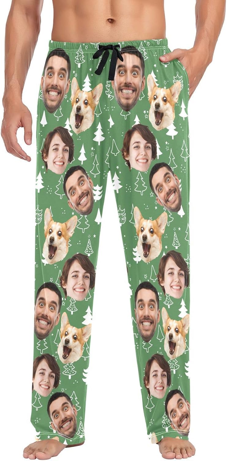 ZZKKO Personalized Face Christmas Pajamas Pants for Men Customized Pet Photo Men's Pajama Bottoms Cotton PJ Sleepwear Pants S