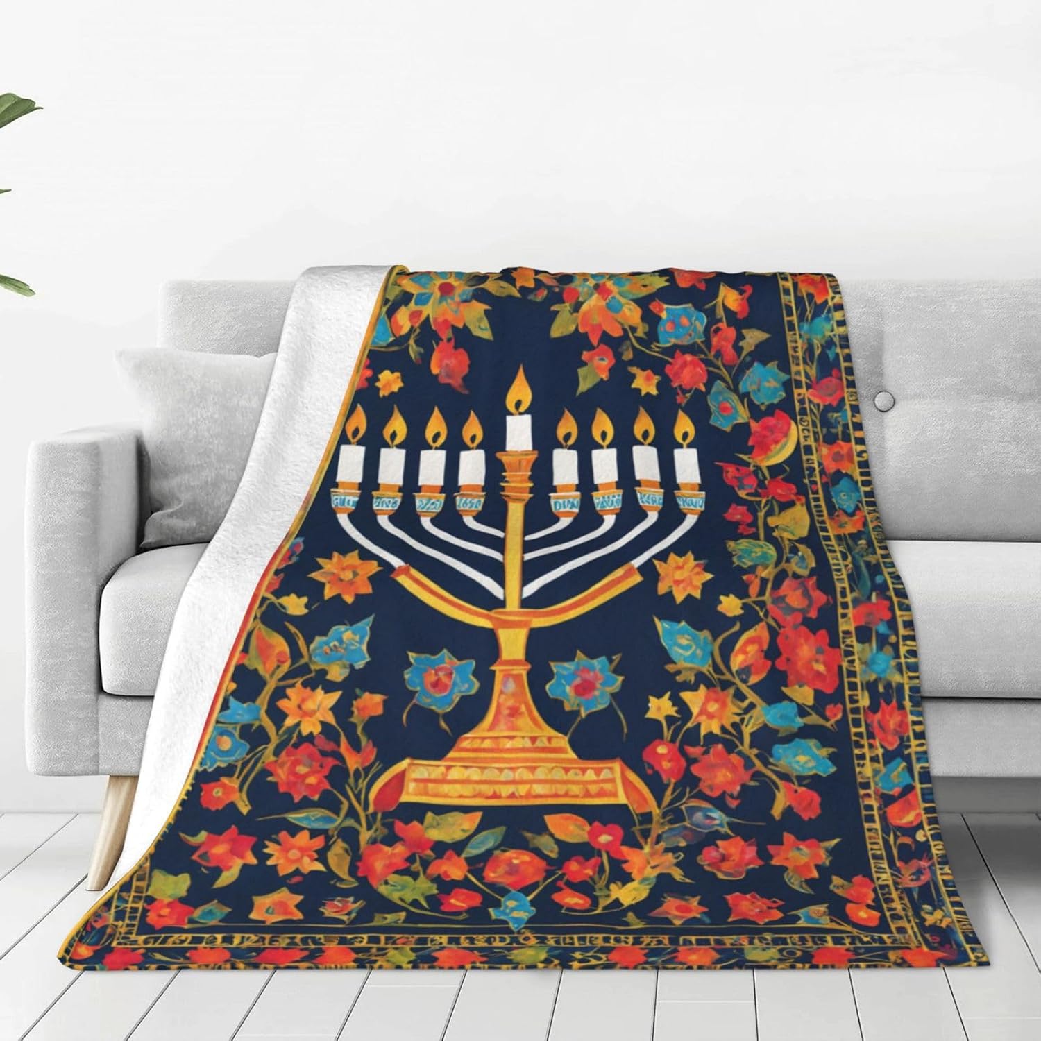 Menorah 9 Branch Candle Holder Jewish Blankets Hanukkah Blanket Throw Religious Throw Blanket 30"*40" Soft Lightweight Cozy Plush Warm Blankets for Women Men Kids Gift