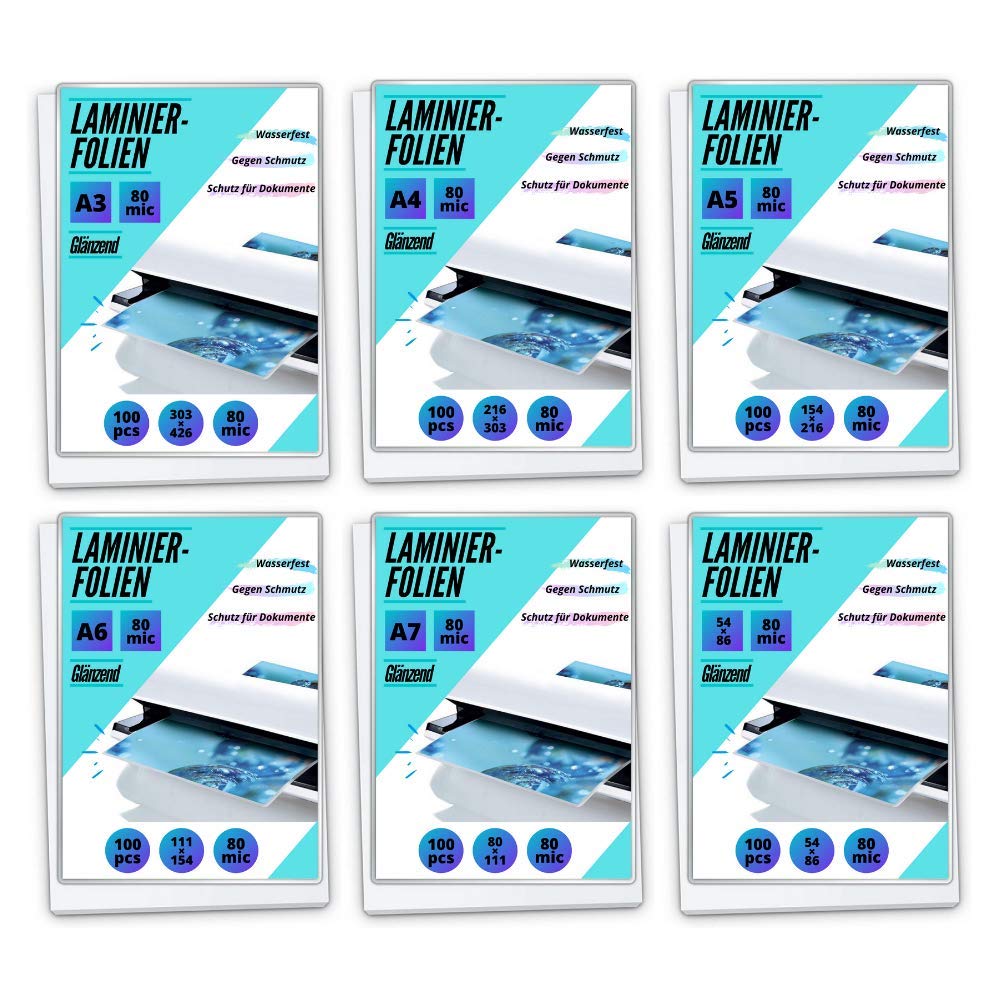 MK PREMIUM Laminierfolien-Set 6x100 Stück - A3/A4/A5/A6/A7/54x86 mm - Laminierfolien Starterset… (2 x 125 Mic = 250 Micron)