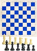 Vista 1 de Sterling Games Extra Large 20" x 20" Roll Up Chess Mat and Pieces Set, Standard Tournament Chess Set with Blue Vinyl Portable Travel Mat and Single