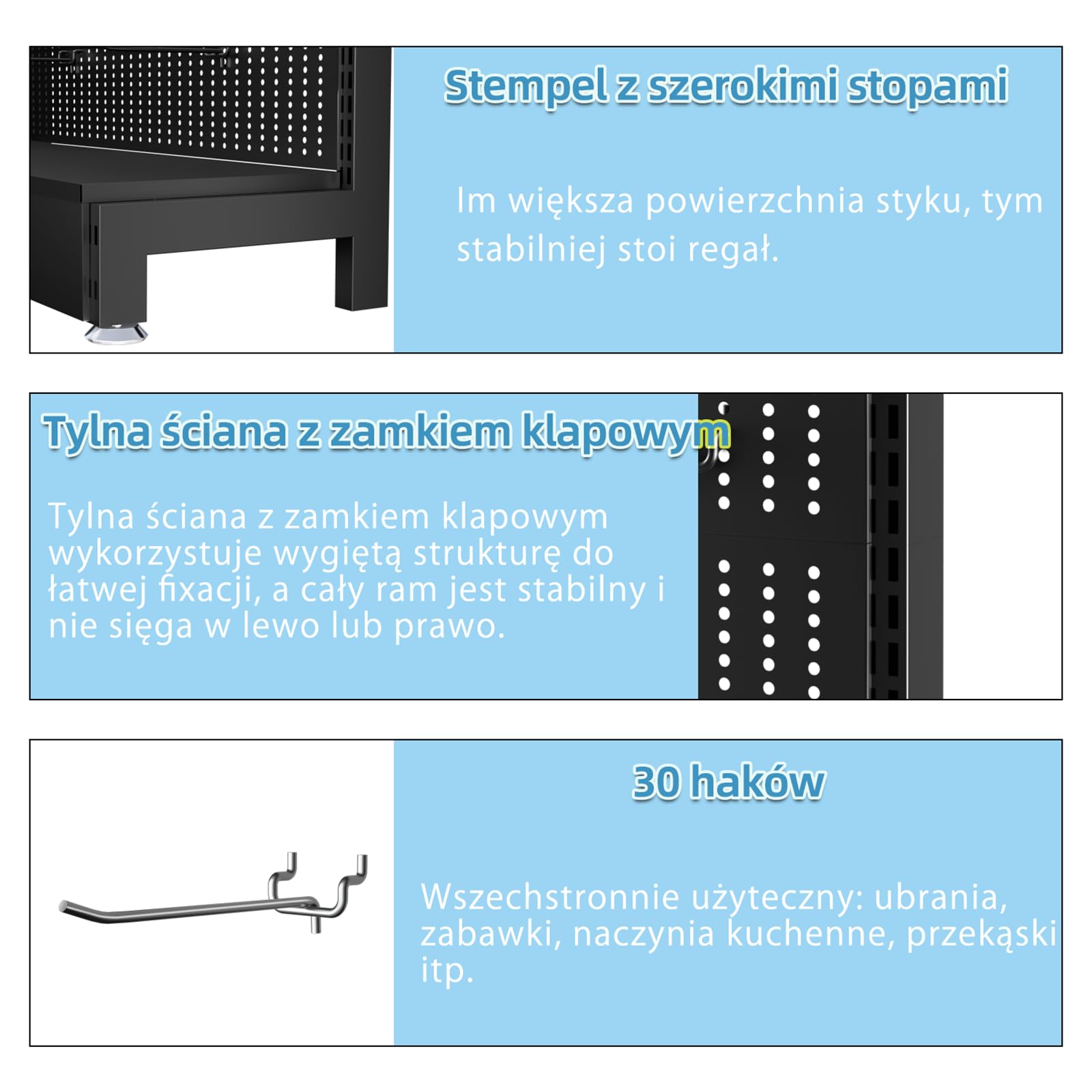 Regał na kratki, 30 haczyków, metalowy stojak (czarny uchwyt na płytę osłonową)