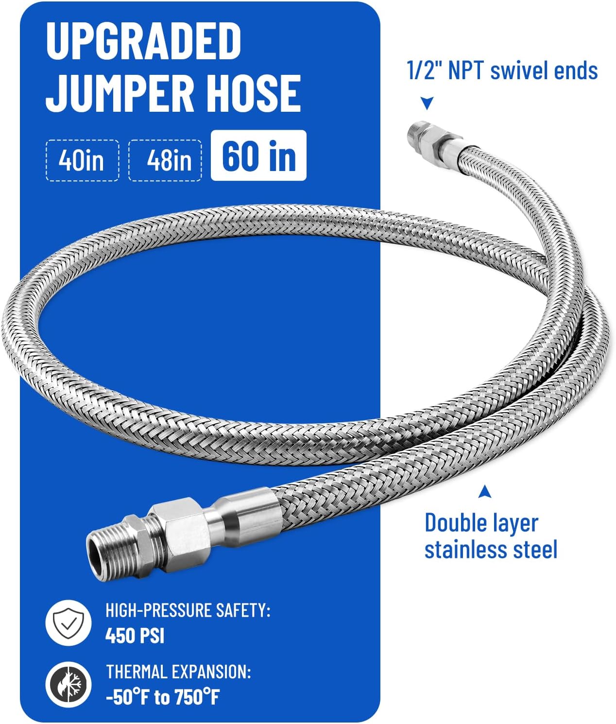 1/2" x 60" Air Compressor Jumper Hose Kit - 1/2" Male NPT to 1/2" Male NPT Swivel Ends - 450 PSI, 750°F Stainless Steel Braided - Industrial Grade