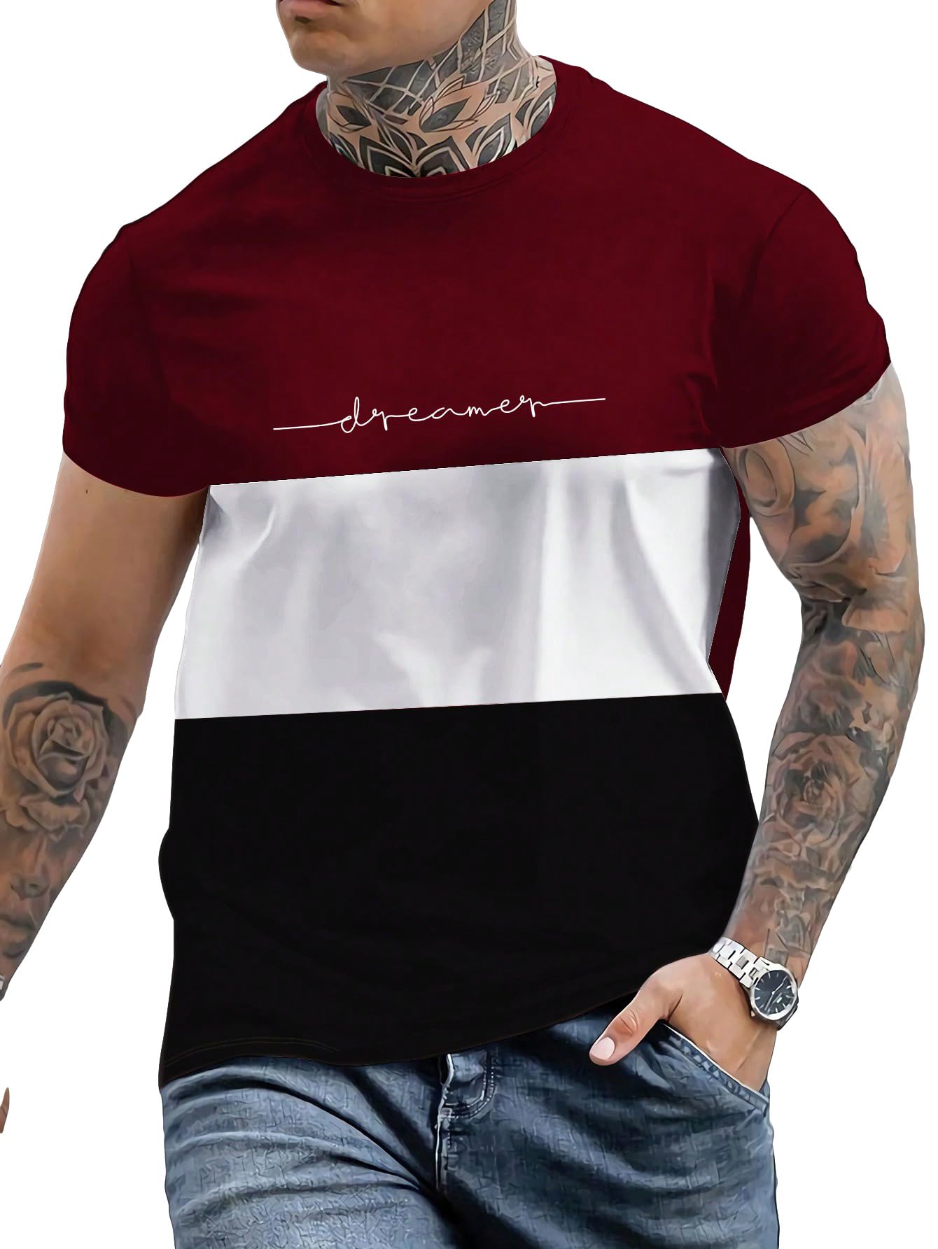 GORGLITTERMen's Letter Print Tee Colorblock Round Neck Short Sleeve Basic T Shirt Top