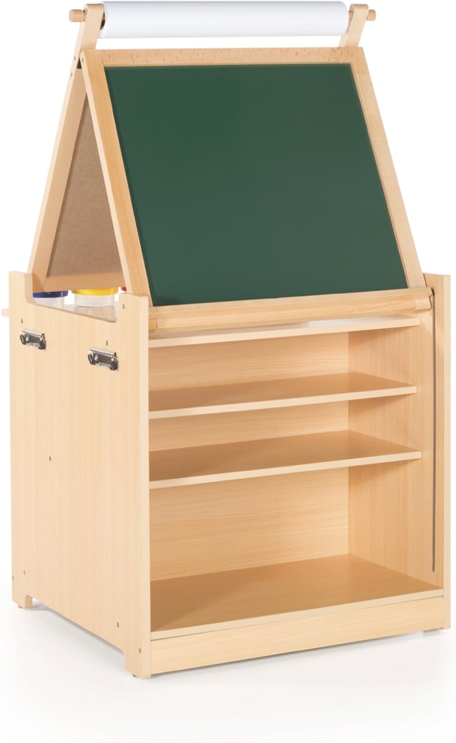 Guidecraft Kids Desk to Easel Art Cart: 2-in-1 Foldable Wooden Kids Easel w/Paper Roll, Whiteboard, Shelves, Fabric Storage Bins | Craft Desk & Art Supplies Storage Organizer for Preschool Classrooms