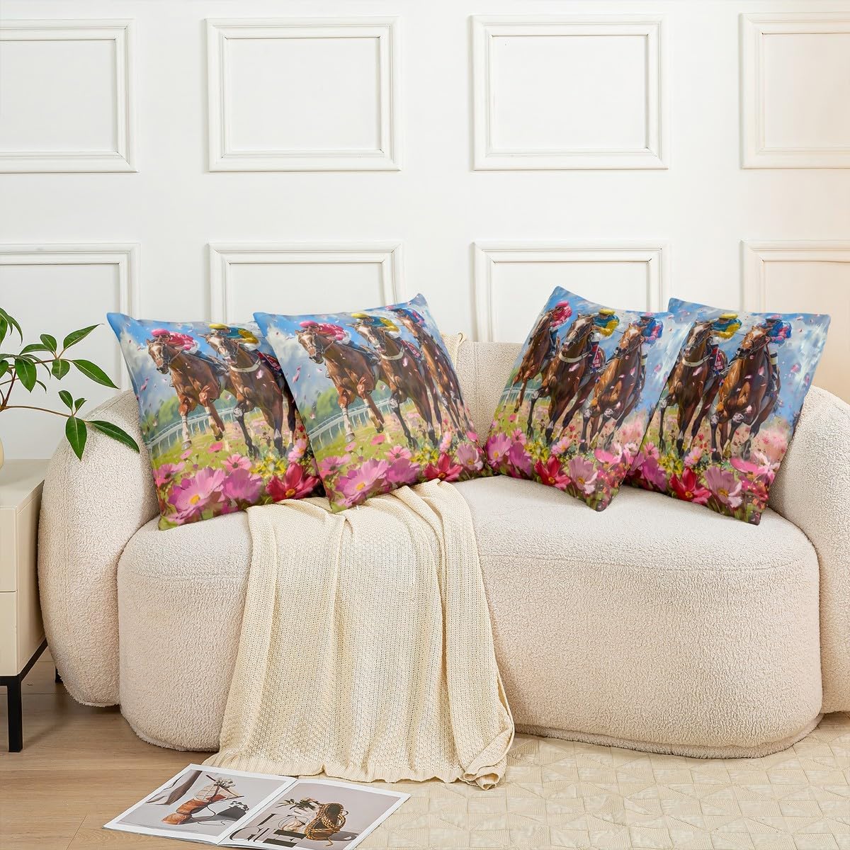Horse Racing Pillow Cover Sports Competition Gaming Pillow Case for Kids Teens Adults Nature Blooming Flower Cushion Cover for Living Room Oil Painting Style Pillowcase 16x16 Inch image 5