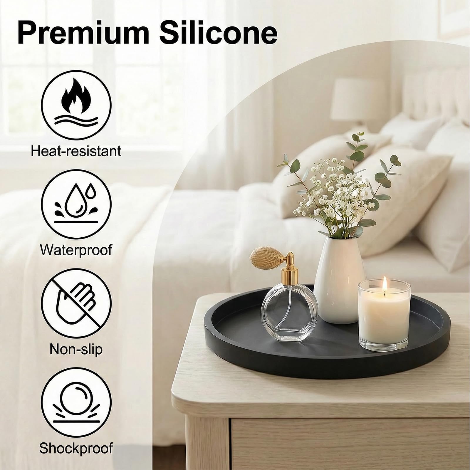 Vassoi decorativi in silicone, vassoio cosmetico da tavolo, vassoio decorativo da toeletta da 27 cm, rotondo antiscivolo, facile da pulire e infrangibile, per profumi, cosmetici (nero) - 3