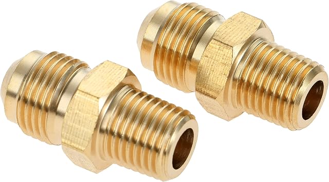 2 Pcs 3/8" Male Flare x 1/4" Male NPT Thread Brass Tube Coupling Fittings, Brass Propane Fittings Pipe Flare Connector, Propane Adapter for BBQ, Fuel, Gas, Heater, Fireplace, RV