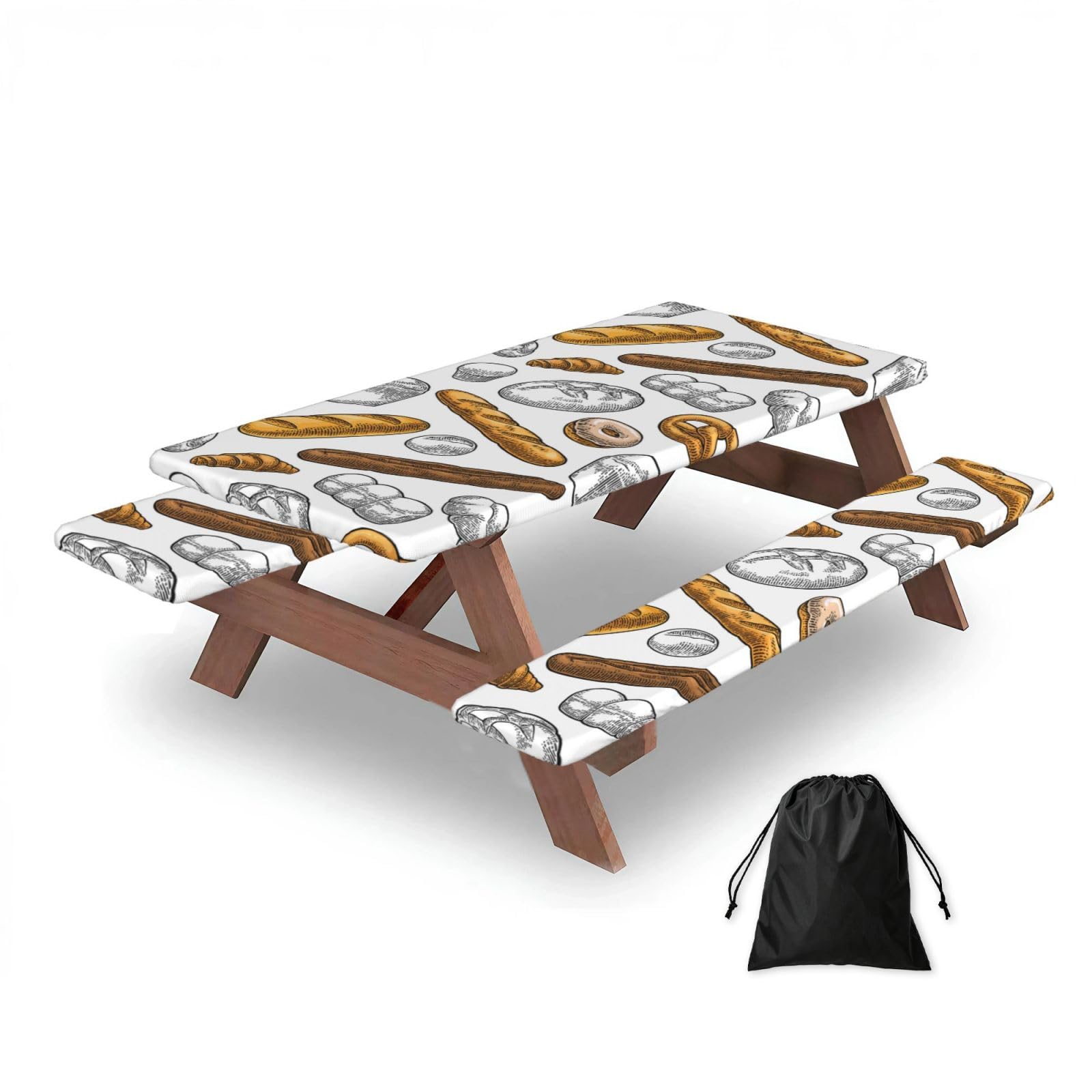 Dopklna As Picture Bread Pattern On White, Picnic Table Cover With Bench Covers -Waterproof Elastic Fitted Tablecloth For Garden Camping Patio 76X152cm