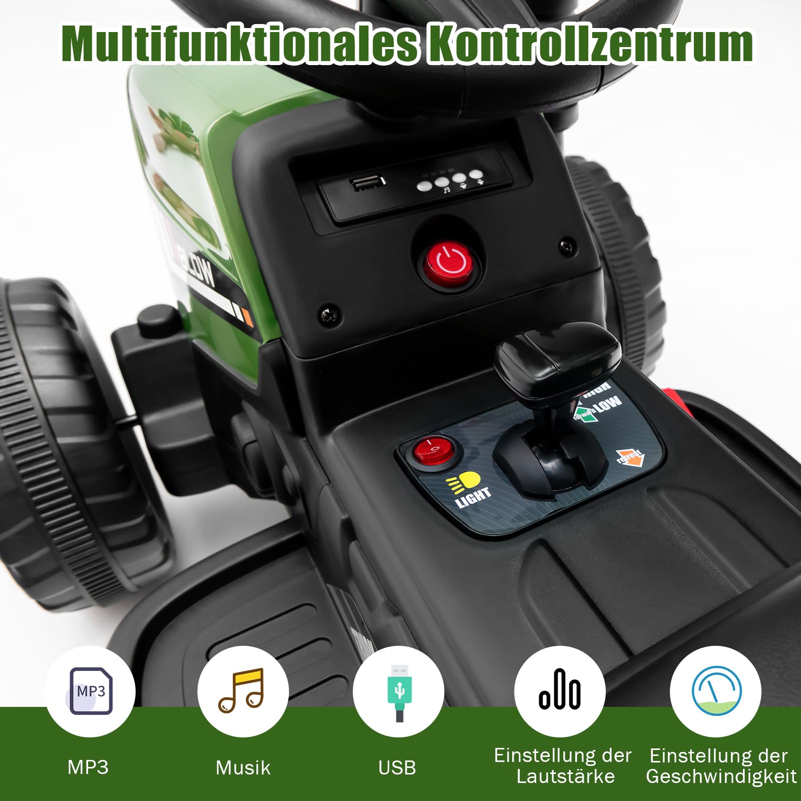 GOPLUS 12V Kinder Elektrischer Traktor mit Anhänger, 3-Gang Elektrofahrzeug mit Fernbedienung, Elektroauto mit LED-Licht & Musik & Bluetooth, 30 kg Belastbarkeit, ab 3 Jahre (Grün)