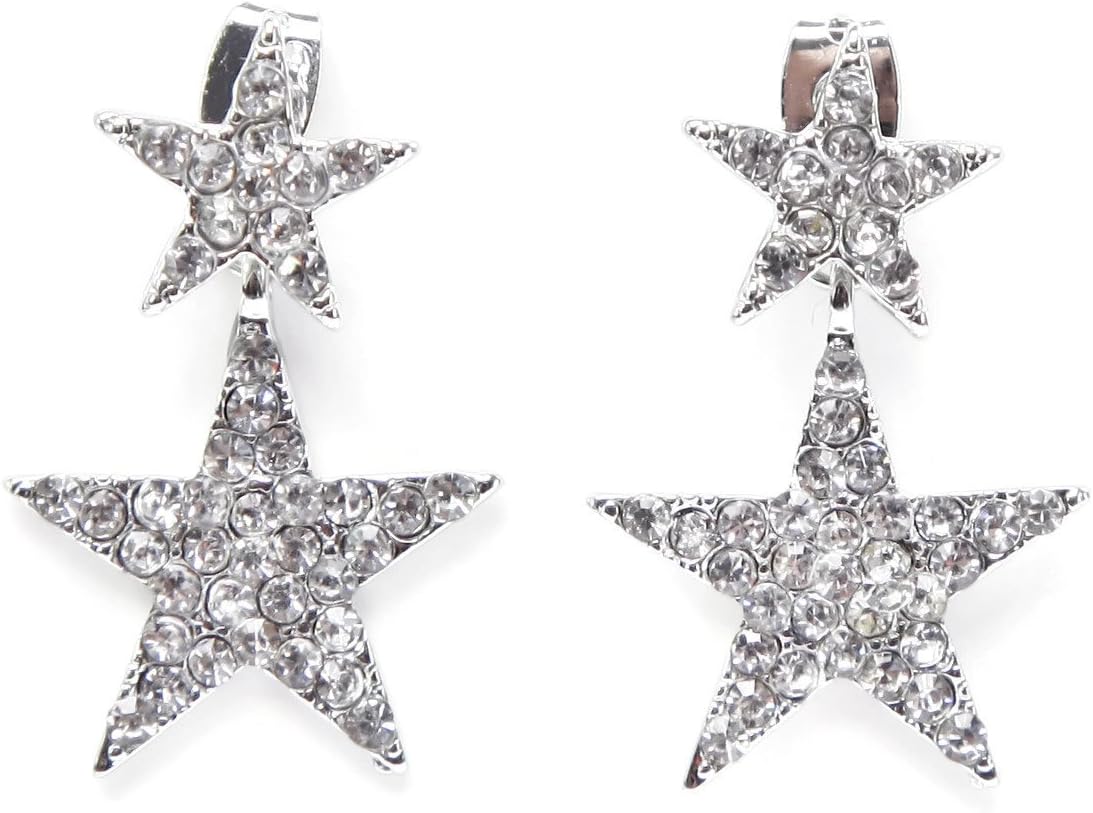 El Vincere Luxury Double Rock Star Silver Colored Crystal Earrings