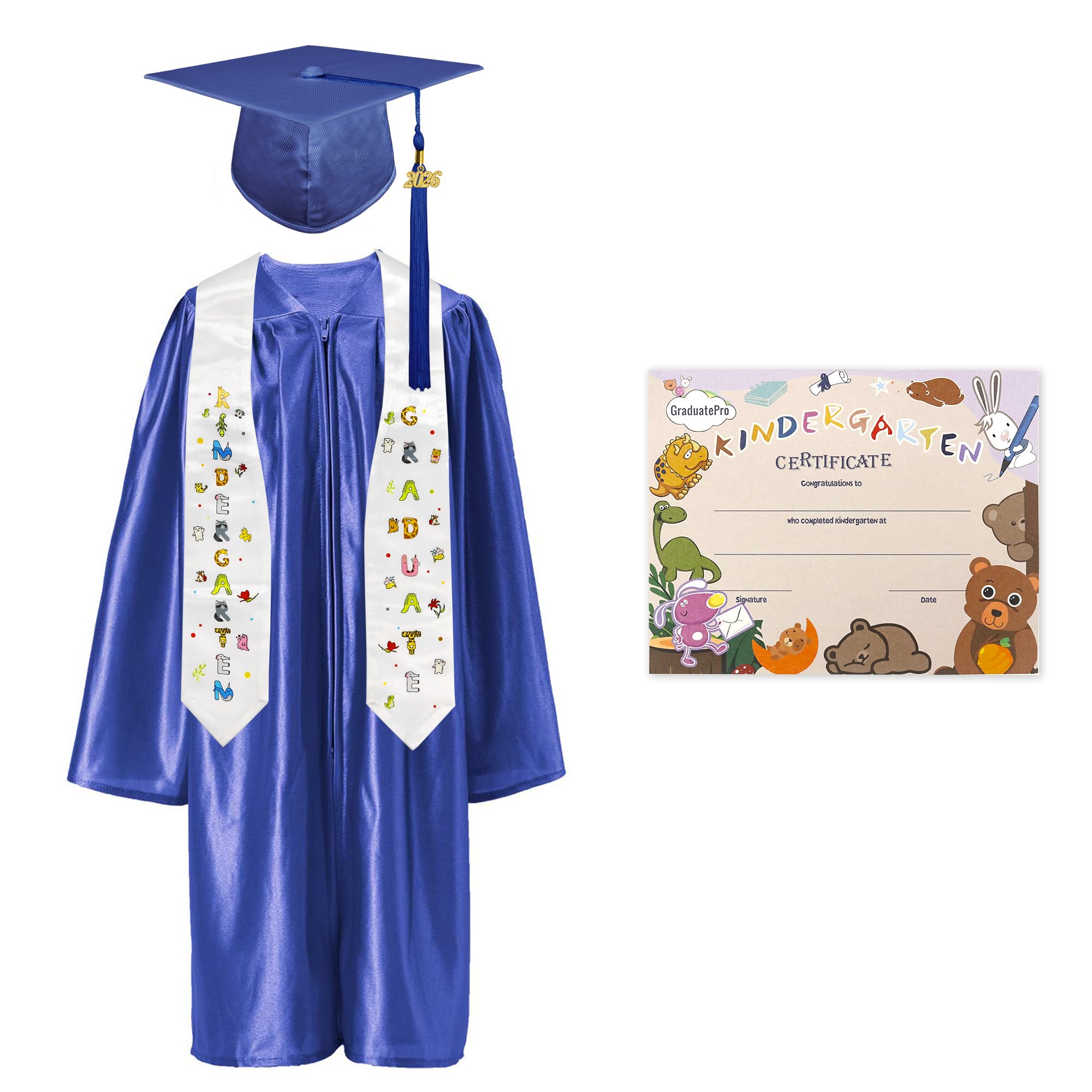 GraduatePro Kindergarten Graduation Cap and Gown Package Class of 2025 for Kids with Stole Certificate