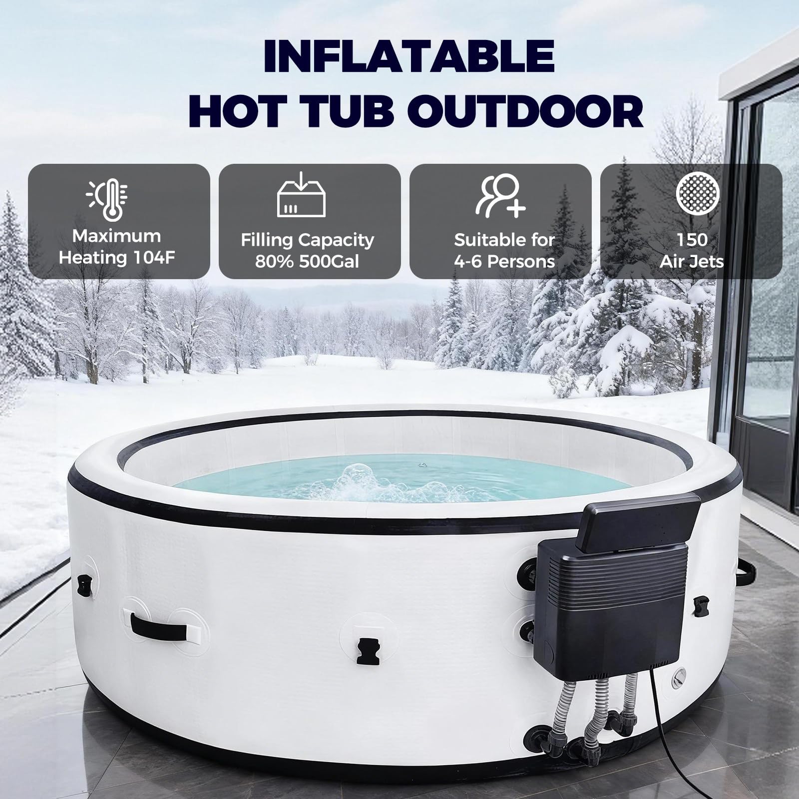 Vasca idromassaggio gonfiabile per 4-6 persone, temperatura massima 40 °C/104 °F, 150 getti d'aria, spa portatile con riscaldatore, per patio e giardino, relax all'aperto