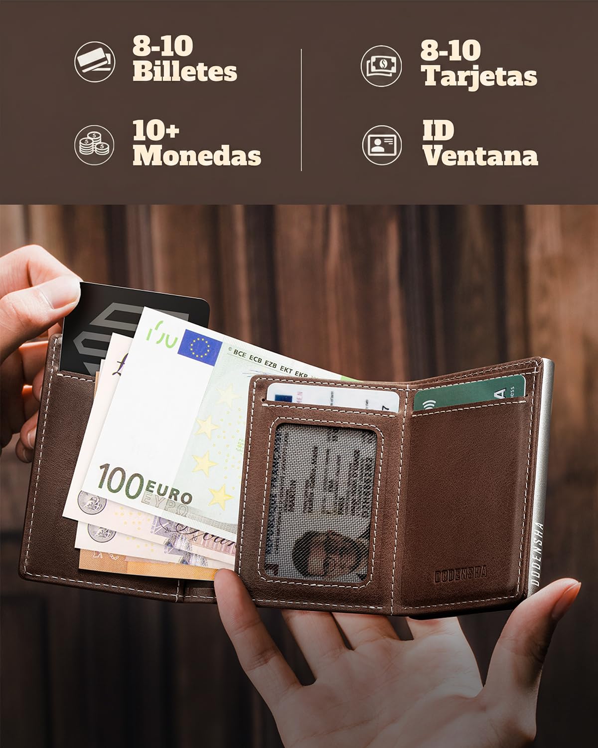 DODENSHA MagSnap Cartera para Hombre I Slim Wallet con Compartimento para Monedas XL para más de 10 Monedas I Tarjetero para Hombre para 10 + Tarjetas (Marrón Plateado)