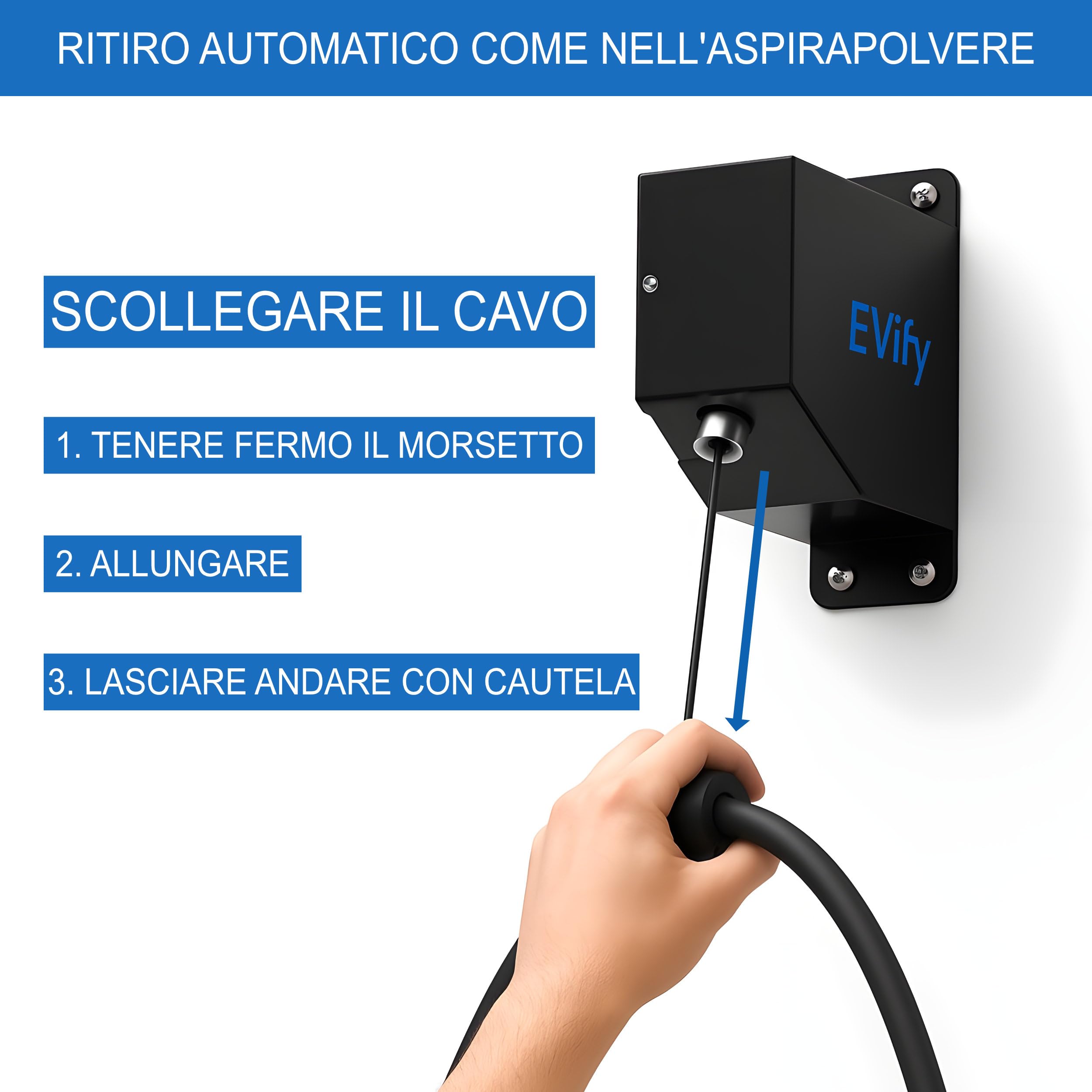 Supporto per cavo automatico di tipo 2 retrattile • Supporto da parete per cavo di ricarica con alloggiamento in acciaio • Ideale per uso esterno