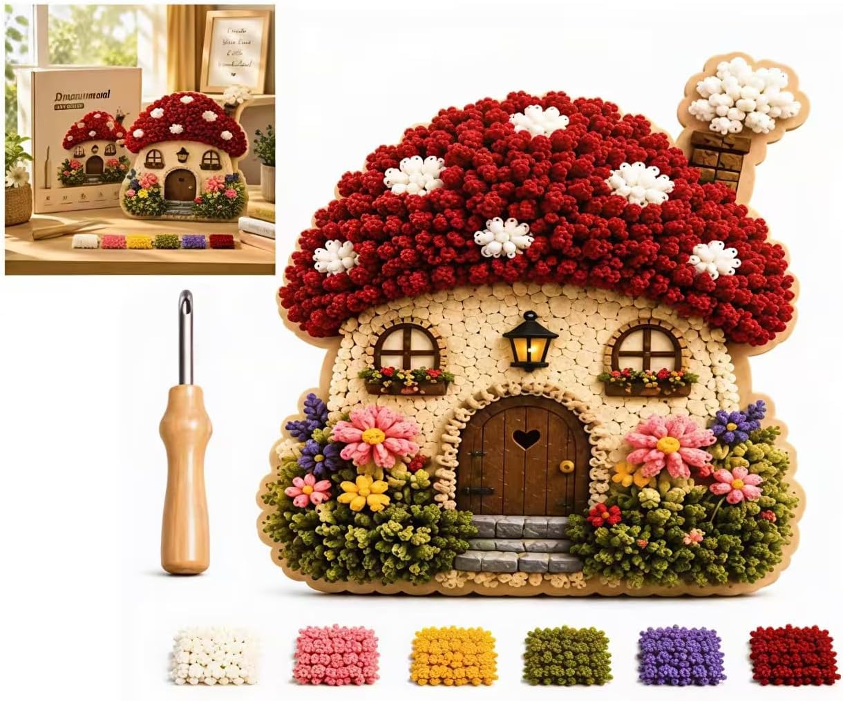 Whimsical Village 3D Fabric Poke Art Kit, Floral Mushroom Cottage,Creative Craft Set,Home Decor Craft Holiday Gift, DIY Handmade Hobby Gift for Adult Beginners，Mushroom