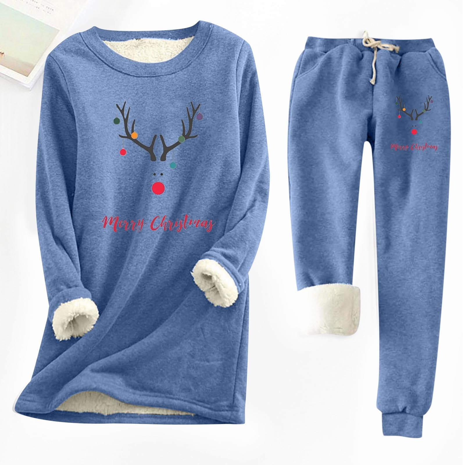Completo pantaloni in pile con stampa natalizia da donna (Blue #1, XL)