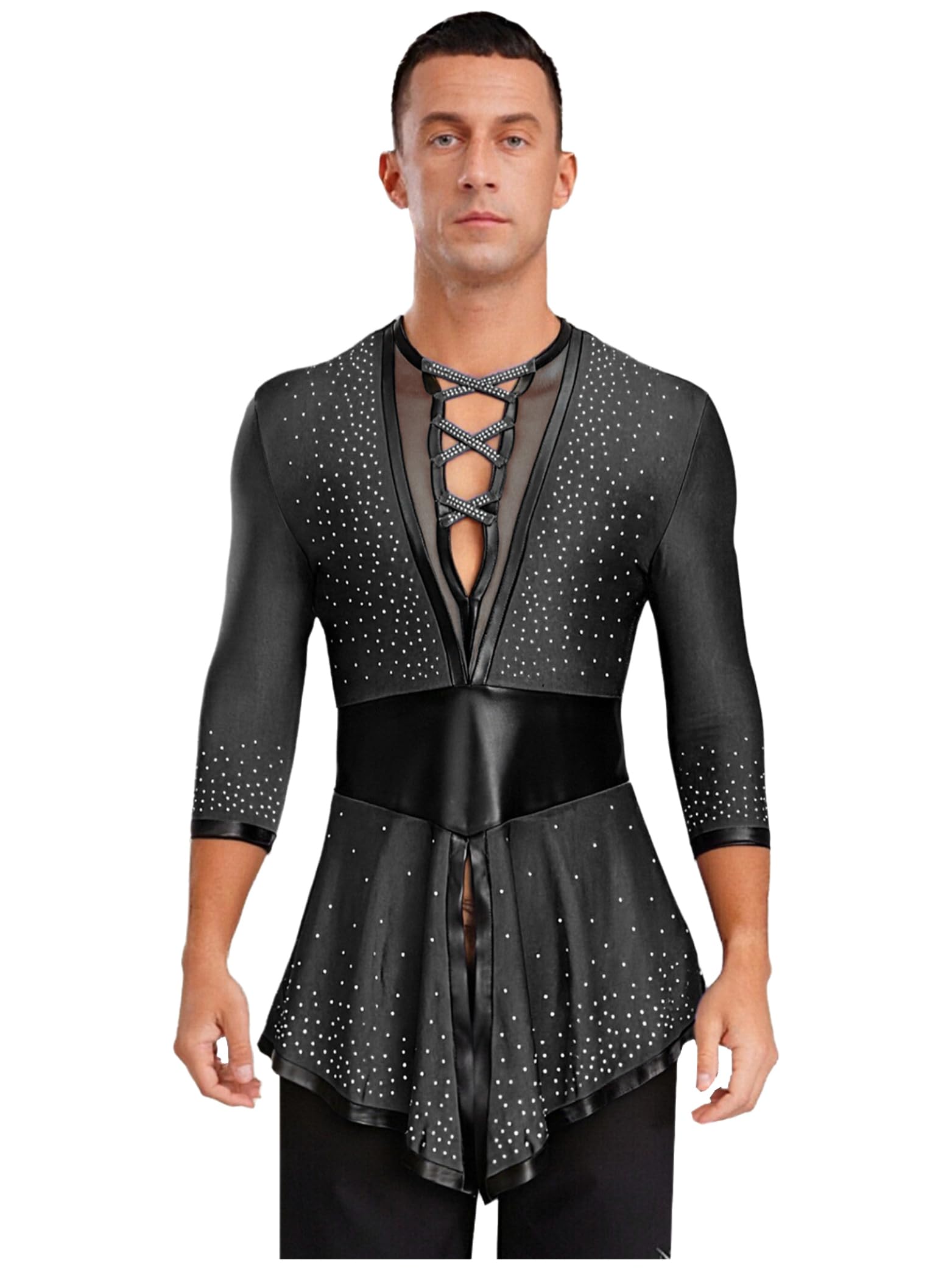 Uomo Top Camicia Danza Latina Salsa Rumba Cha Strass Tunica Manica Lunga