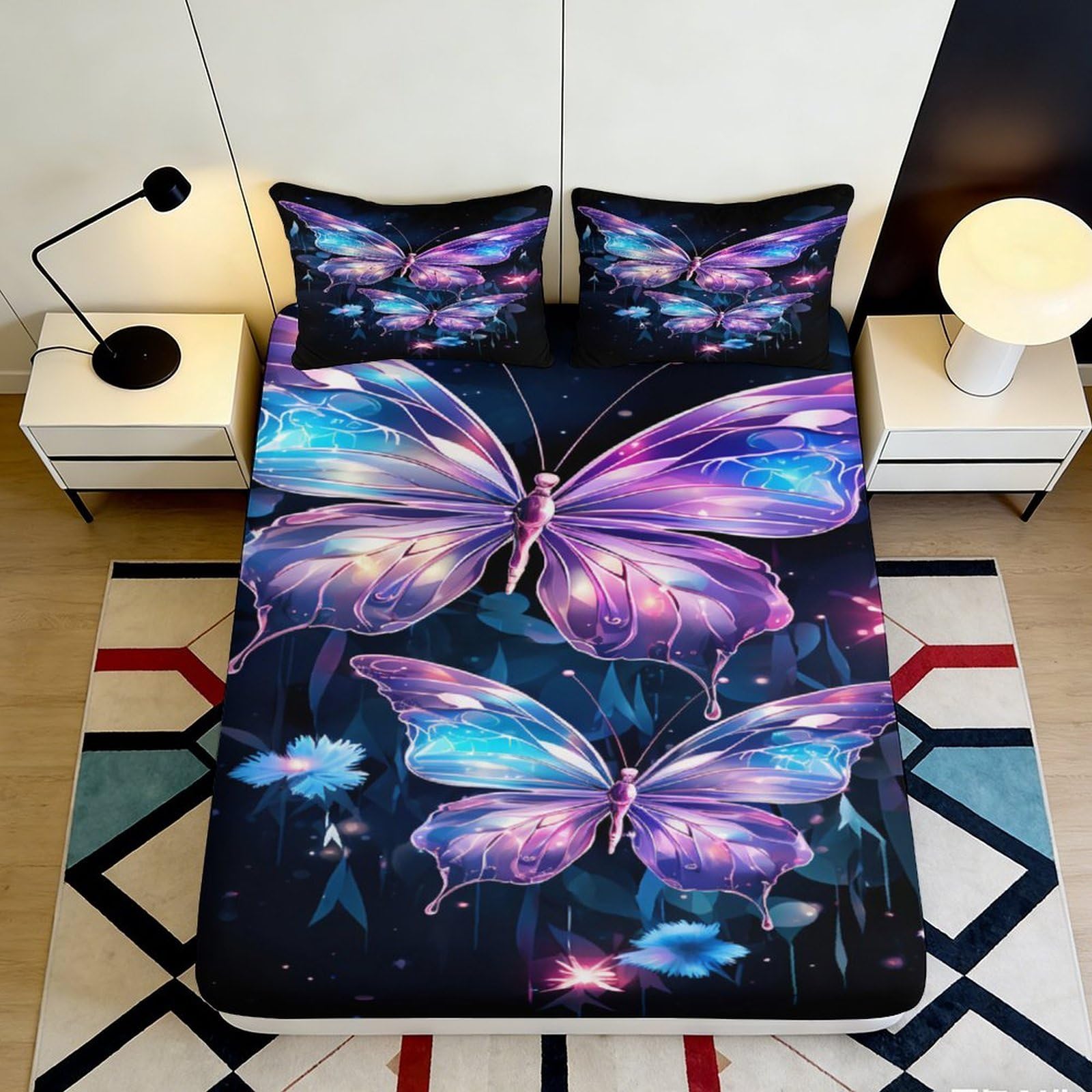 3D Printed Fantasy Butterfly Fitted Sheet Soft Microfiber Deep Pocket Non-Slip Mattress Fitted Cover for Bedroom Adults Teens 200x200x25cm 90x200x25cm