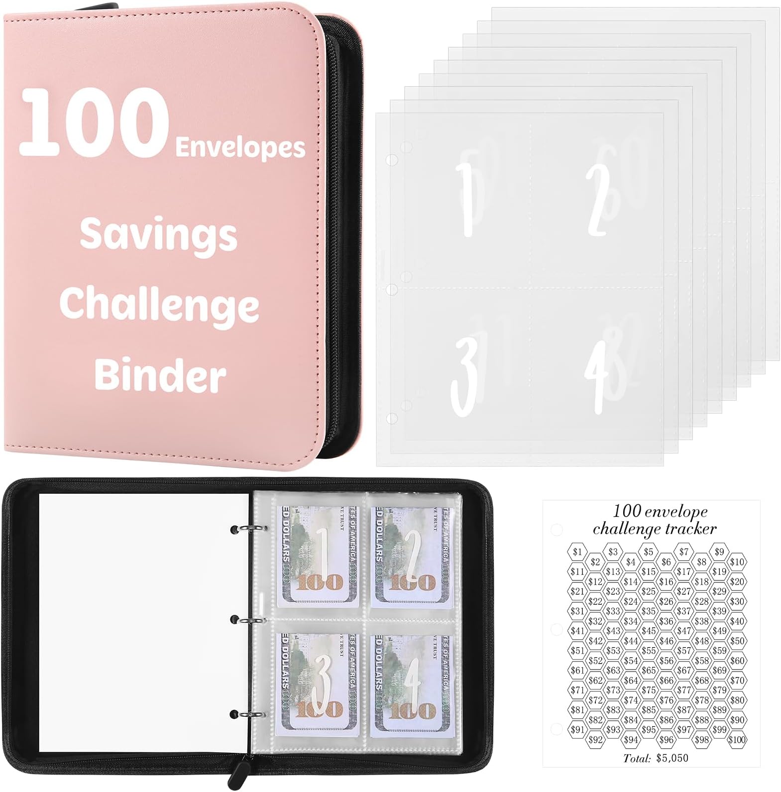 100 Envelopes Money Saving Challenge Binder with Laminated Tracker, Money Saving Challenge Budget Binder with Cash Envelopes, Savings Challenge Book with Zipper to Save $5,050 (Pink)