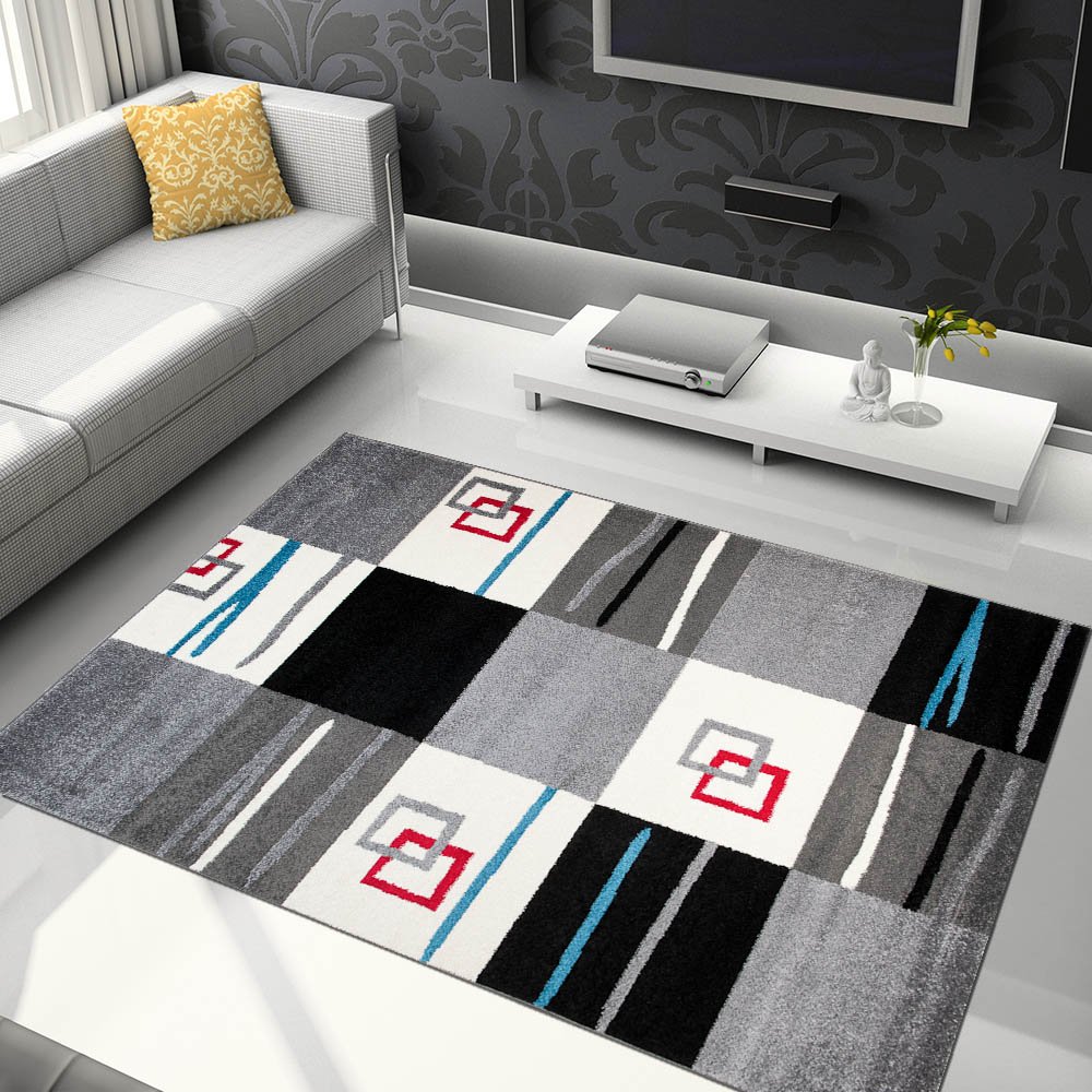 Tapiso JAWA dywan z krótkim włosiem, nowoczesny dywan, szary, czarny, biały, geometryczny, w kratkę, diament, w paski, linie, do salonu, Ökotex 140 x 190 cm