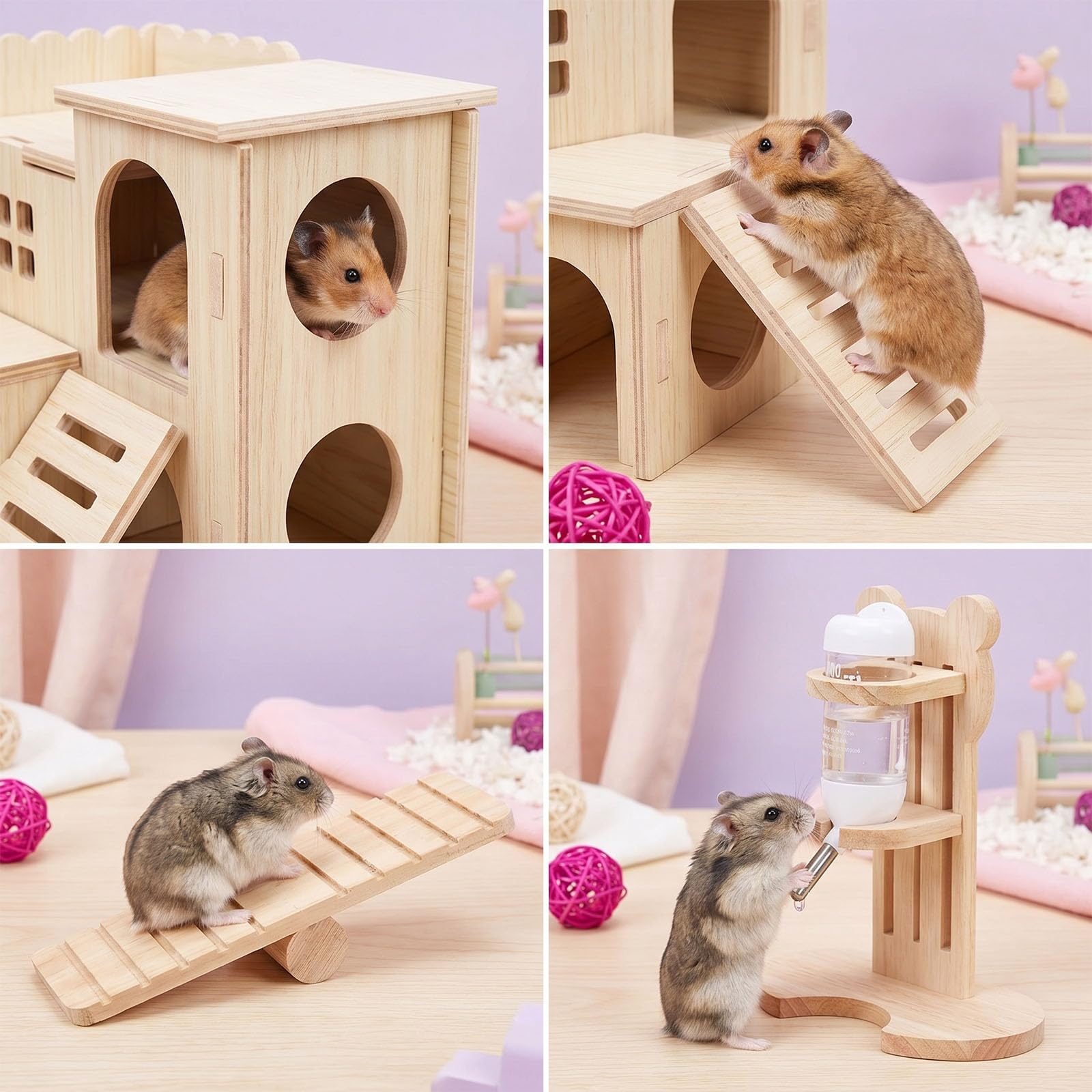 Juego de 26 accesorios para jaula de hámster, juguetes de cobayas, rueda silenciosa para hámster, juguetes para masticar ratas, casa de madera y botella de agua para cobayas, chinchillas, jerbos