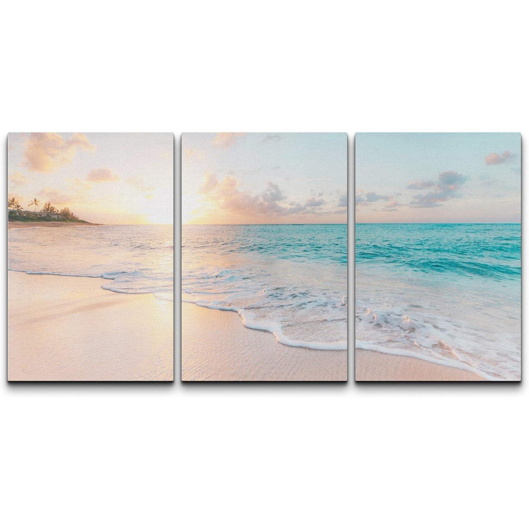SIGNFORD Canvas Print Wall Art Set Teal Beach Waves on The Shore at Sunset Nature Ocean Photography Modern Art Nautical Landscape Relax/Calm Ultra for Living Room, Bedroom, Office - 16"x24"x3