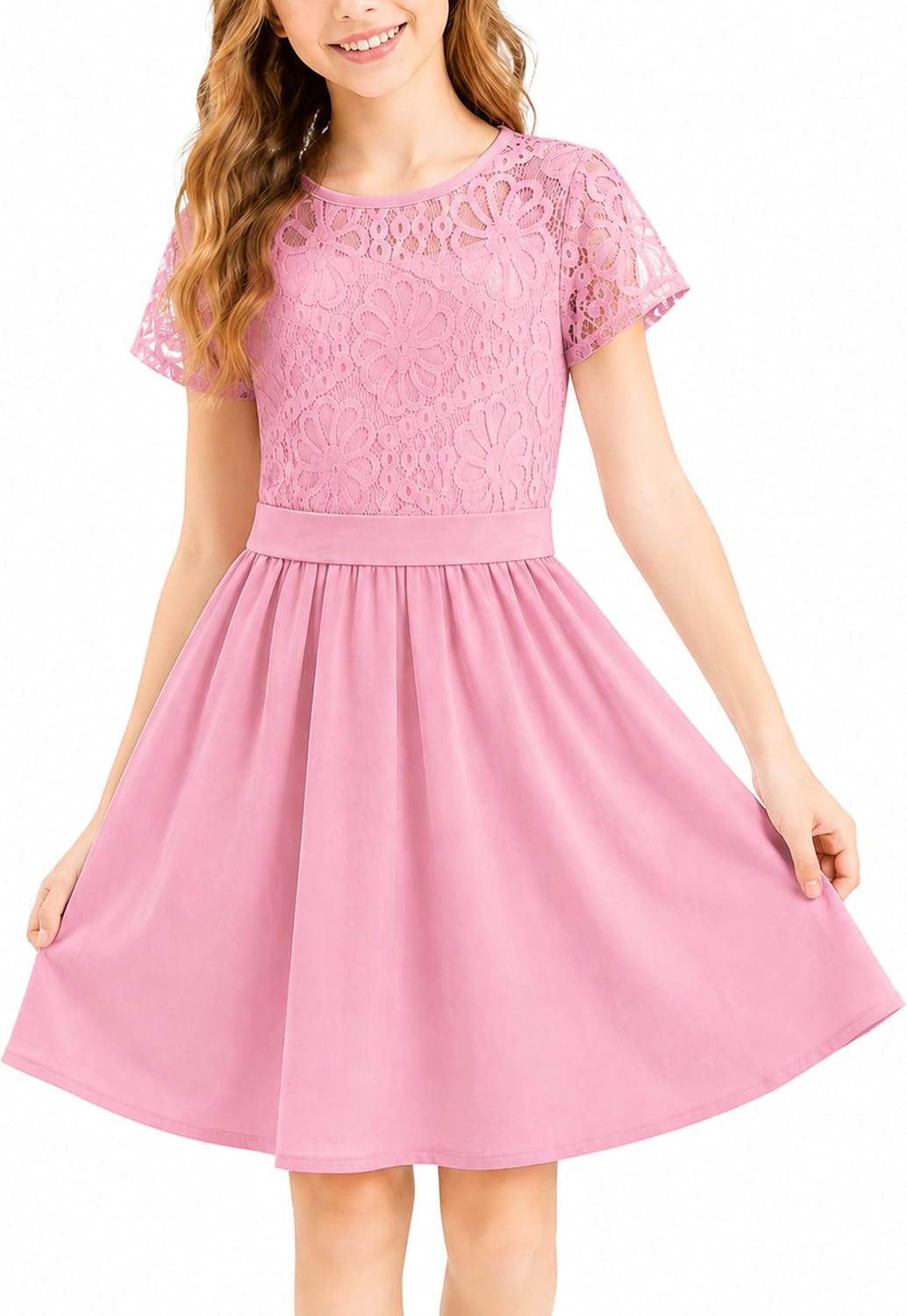 Girls Lace Formal Dress Short Sleeve A Line Wedding Guest Pleated