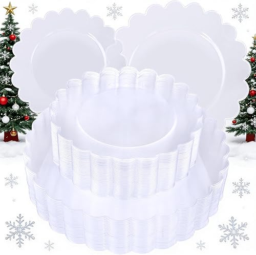 Miniatura 12 de supernal 100 platos de plástico blanco y dorado festoneado, platos de plástico para fiestas, bonito plato de cena, perfecto para el día de San 100