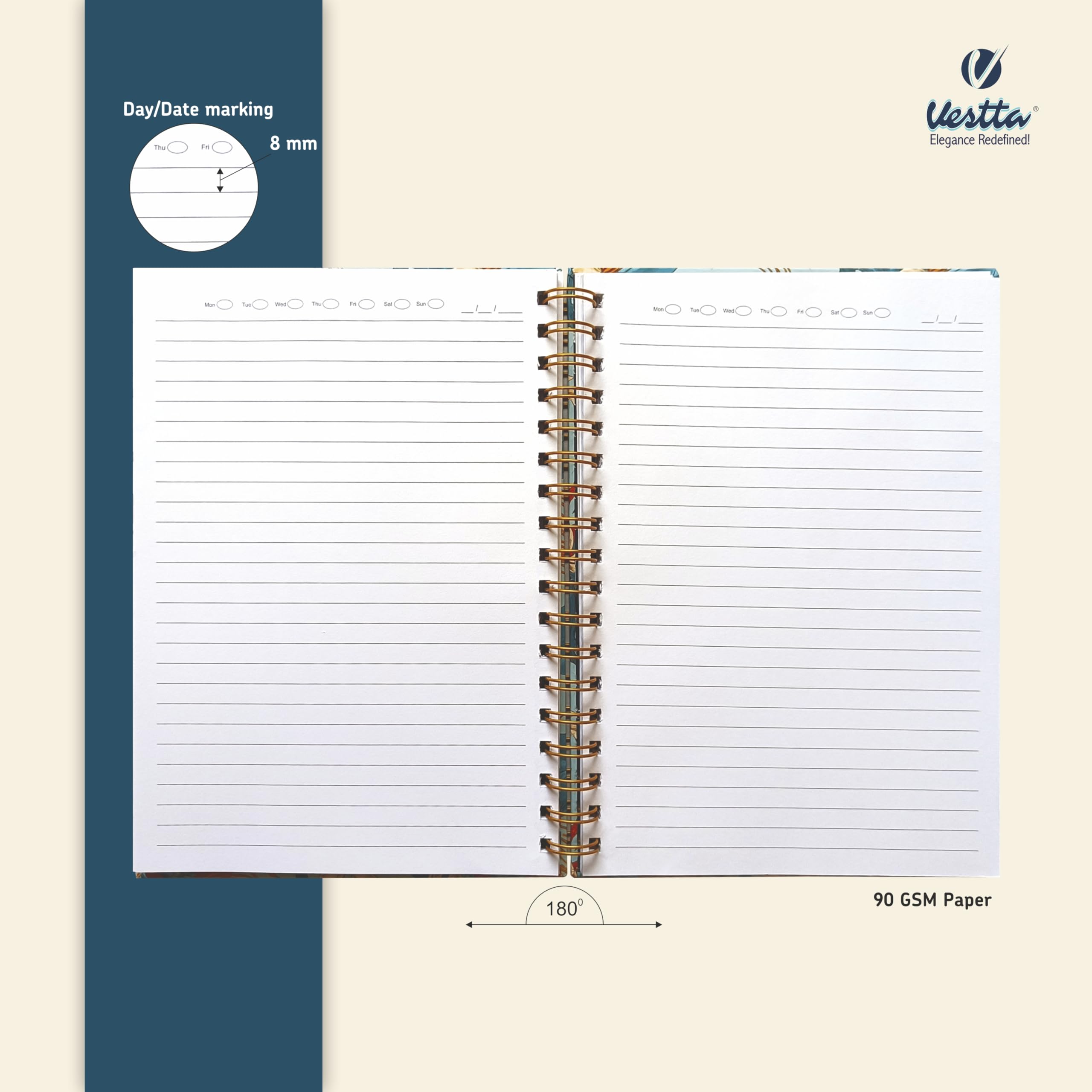 VESTTA -ELEGANCE REDEFINED, B5, Hard Bound Notebook Diary, 7(L) X 9.75 (H) Inches, Matt Lamination, Gold Wiro Binding, Undated, 90 GSM paper, 192 Ruled Pages (Vintage Botanical Floral Series4) 1
