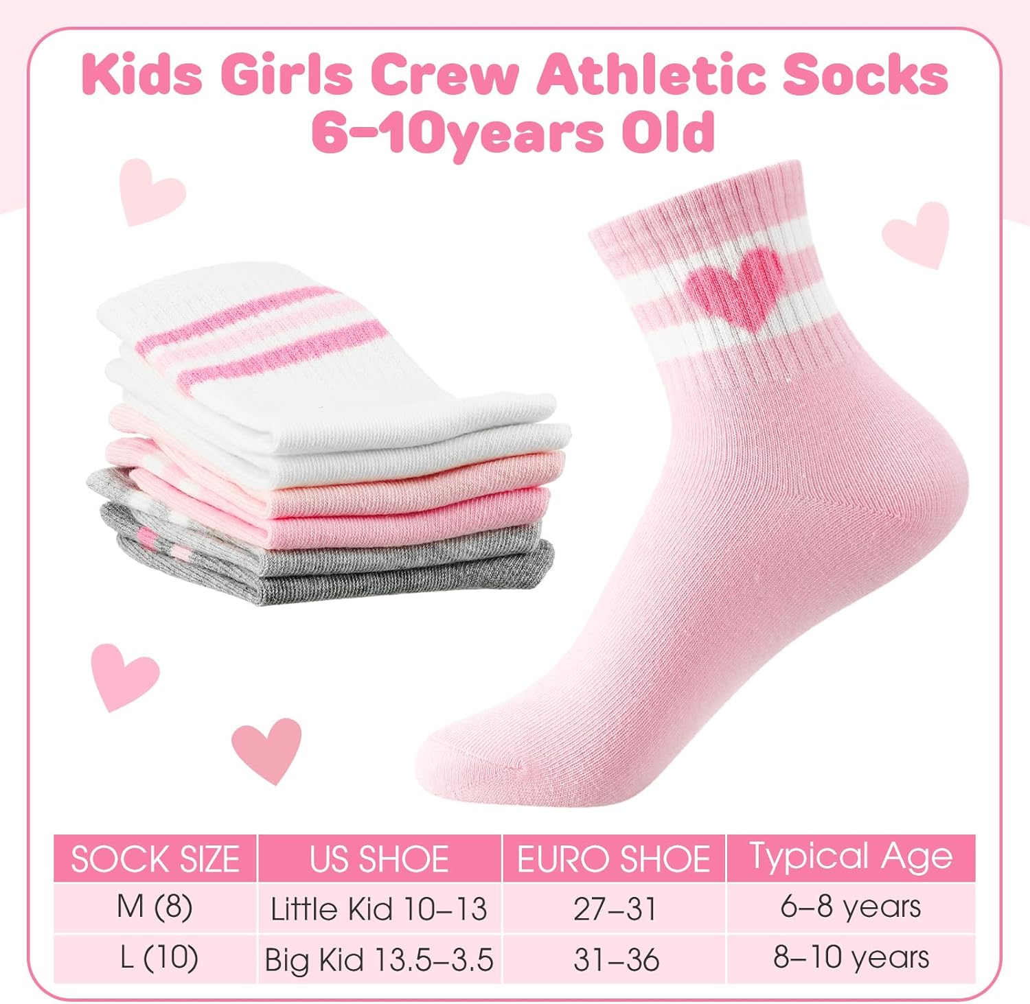 Shihanee 6 Pairs Socks for Girls Kids Pink Crew Athletic Socks with Stripes Heart 4-12 Years Old Cotton Girls Crew Sock - Image 4