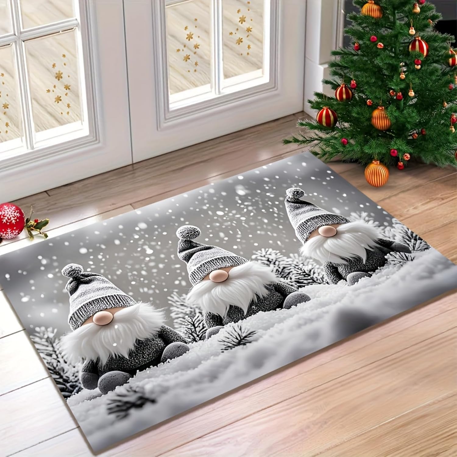 Christmas Door Mat 29" x 39", Winter Snow Scene Dwarf Washable Welcome Mat, Outdoor Indoor Entrance Floor Mat, Low-Profile Christmas Doormat, Non Slip Rubber Backing Front Door Mat for Entryway Porch