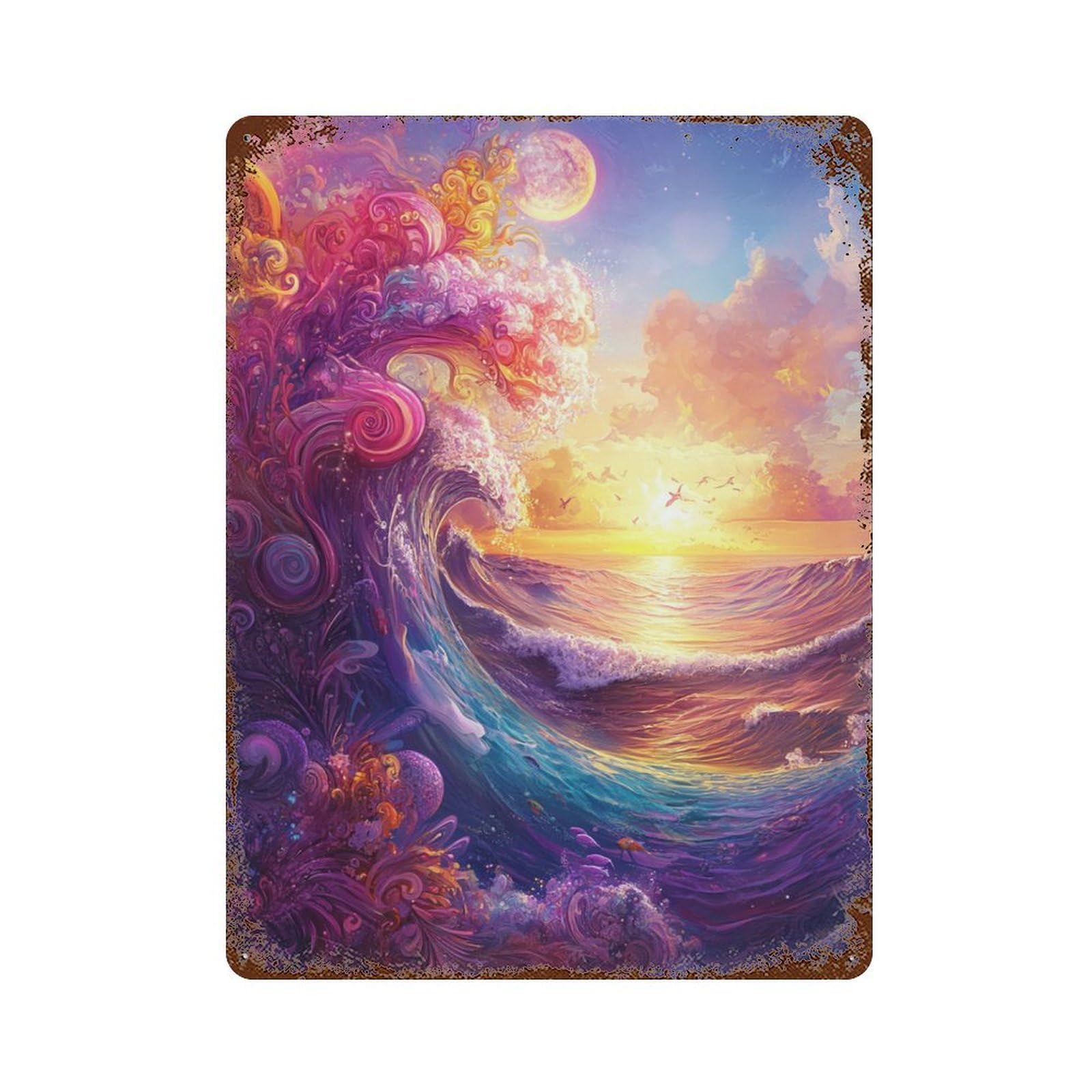 Ocean Sunset Wave Art Decorative Tin Sign 15.7"x11.8", Retro Wall Decor for Garage, Pub Or Kitchen