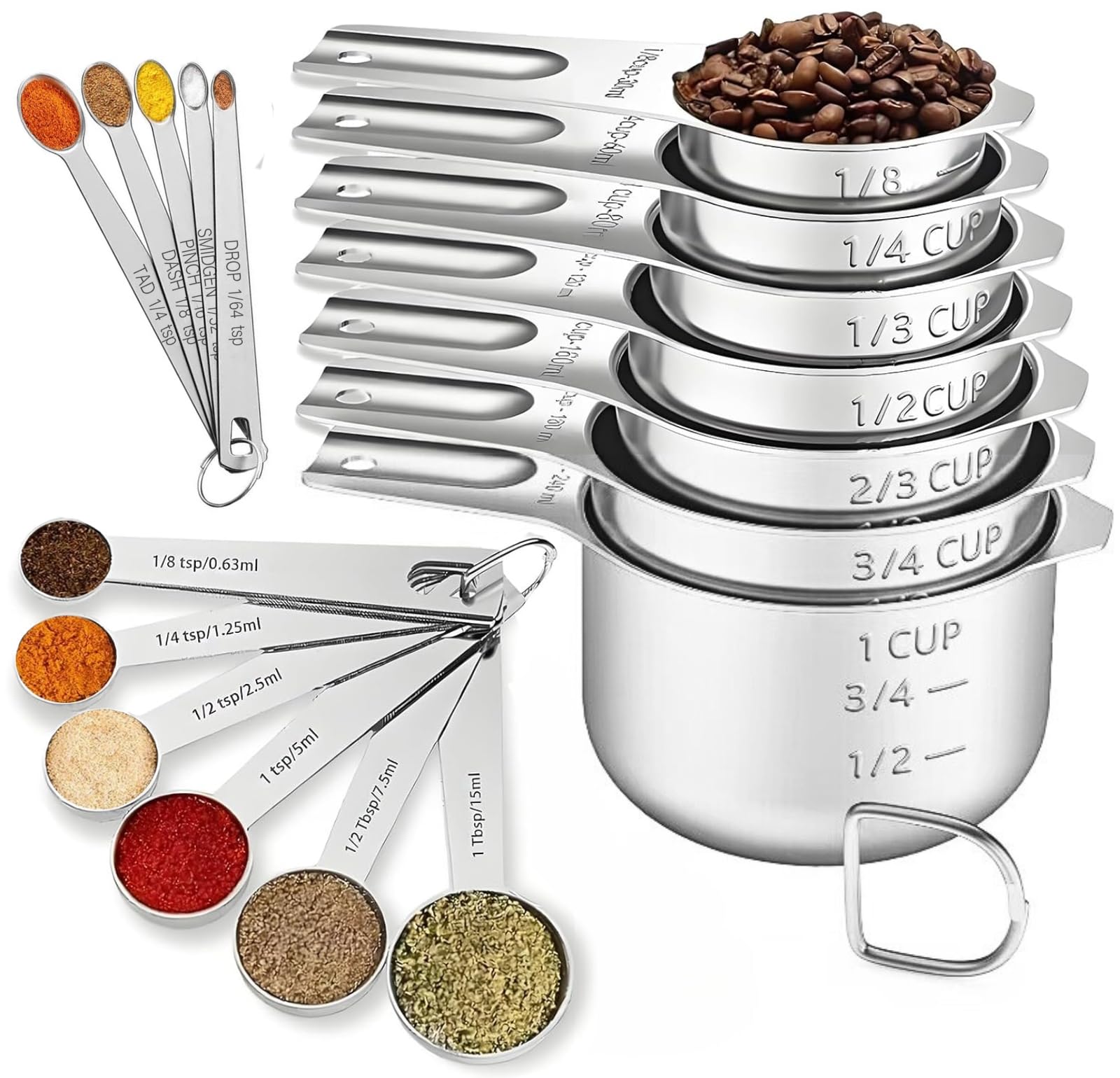 18PCS Measuring Set, Include 7 Nesting Cups, 6 Measuring Spoons & 5 Mini Spoons, Stainless Steel Metal Set
