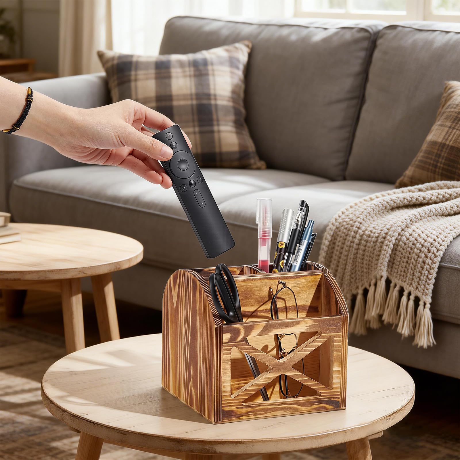 Rustikaler Schreibtisch Organizer Aus Holz Vintage Fernbedienungshalter 16x15.1cm Großer Holzhalter Für Bürobedarf Tisch Organizer Box Mit 3 Fächern Für Das Wohnzimmer (Burlywood)