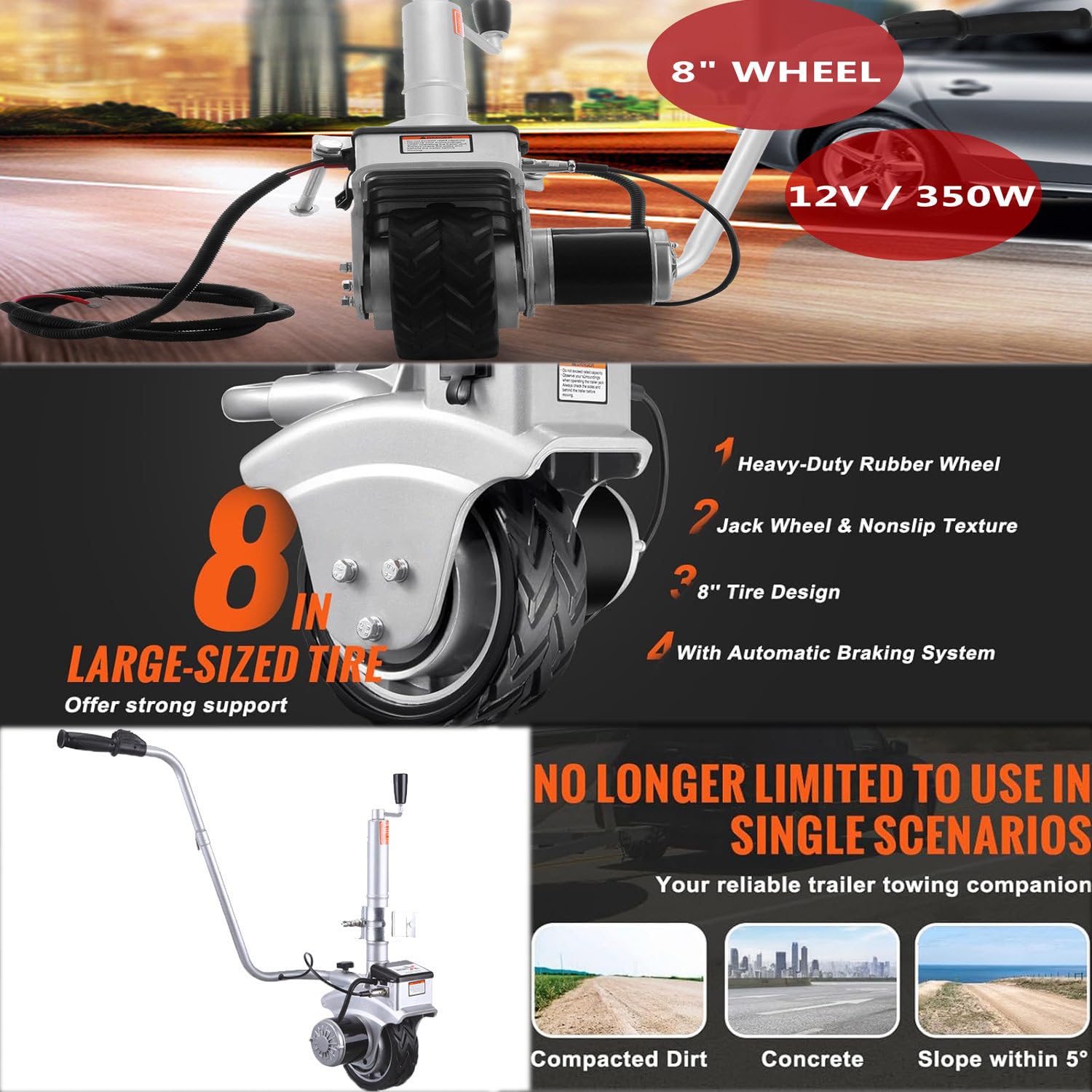 Elektryczny wózek do przyczepy, silnikowe koło podporowe, podnośnik przyczepy z grzechotką, koło podporowe do przyczepy 350 W 12 V, mobilne elektryczne narzędzie do przyczepy, udźwig 5000 funtów
