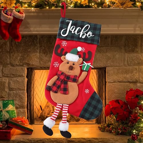 Miniatura 2 de Dreamdecor Medias de Navidad personalizadas con nombre, 17.3 pulgadas, calcetines colgantes de Navidad a cuadros grandes con ciervo, Papá Noel,